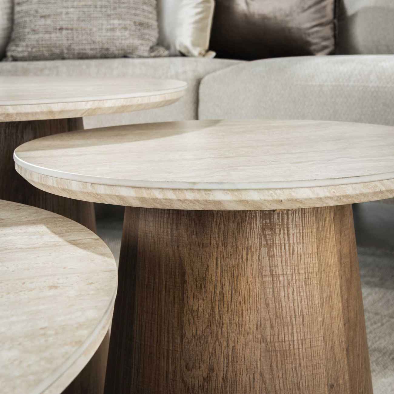 3er-Set Couchtisch Joradis - Keramik in Travertin-Optik, Rund