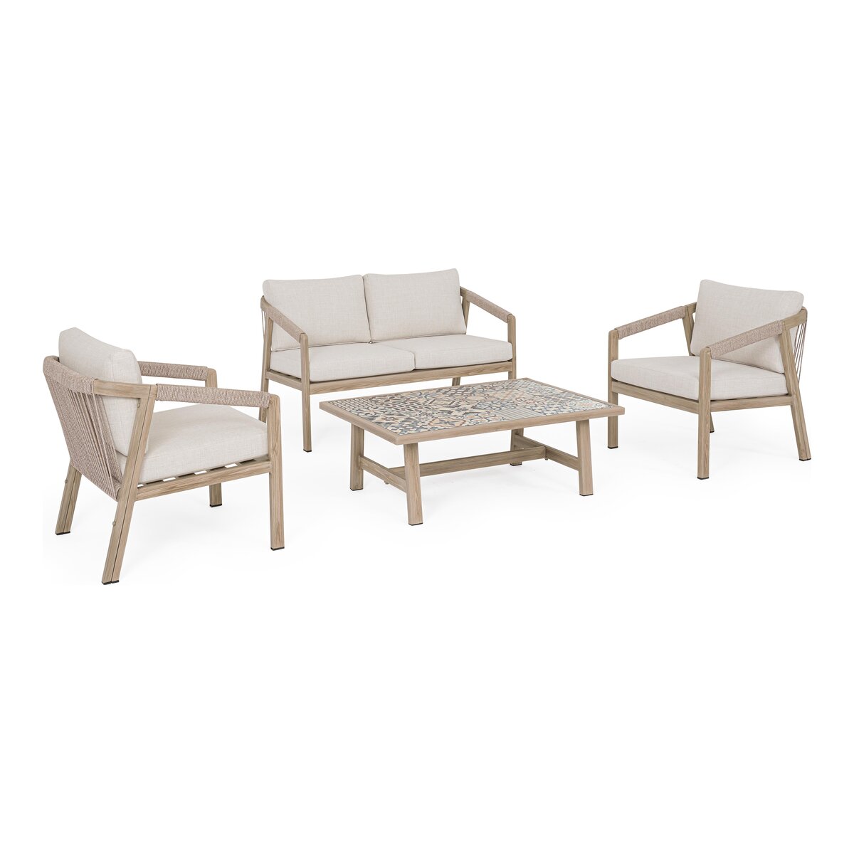 4er Garten-Set Kalimera - Aluminium Timber Natur, Olefin Naturbeige, Small