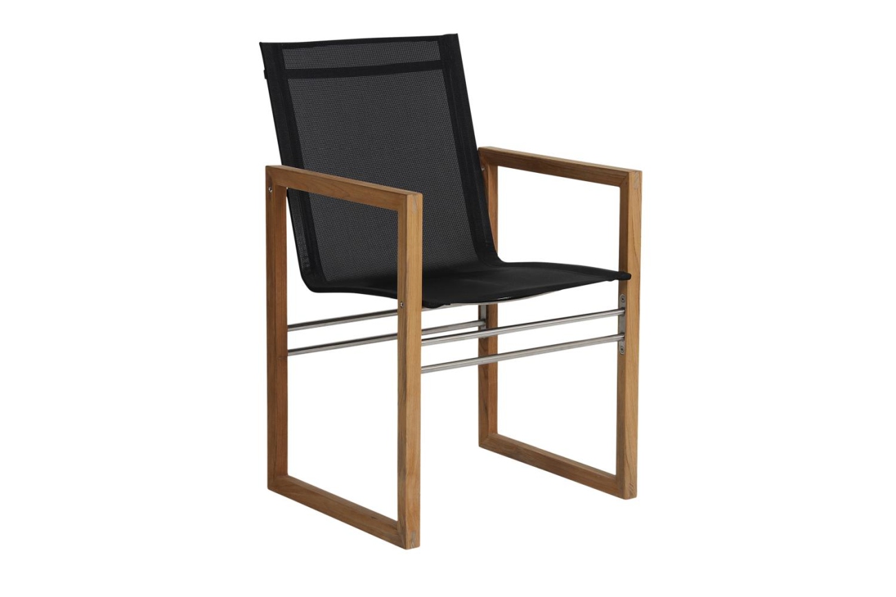 Der Gartenstuhl Vevi überzeugt mit seinem modernen Design. Gefertigt wurde er aus Textilene, welches einen schwarzen Farbton besitzt. Das Gestell ist aus Teakholz und hat eine natürliche Farbe. Die Sitzhöhe des Stuhls beträgt 45 cm.