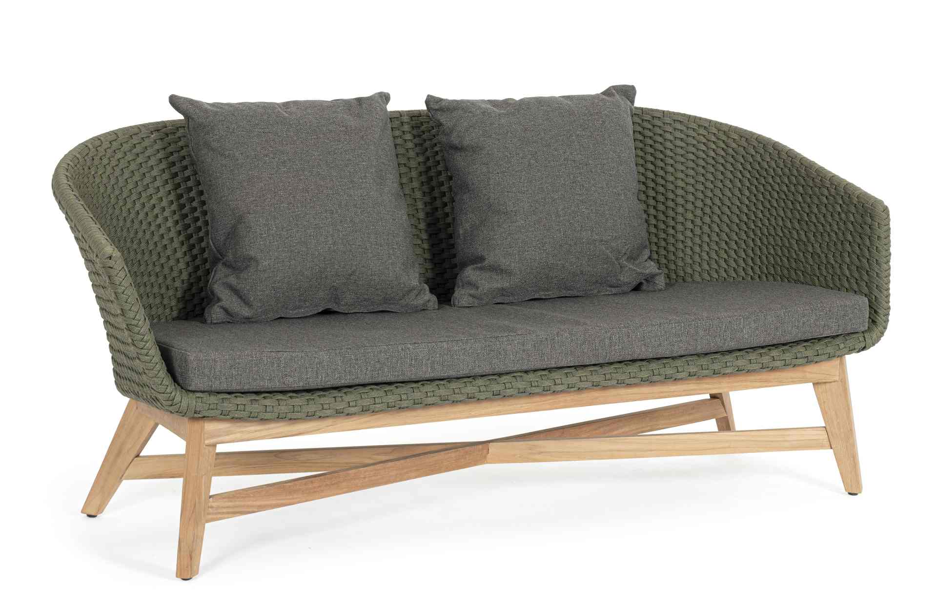 Das Gartensofa Coachella überzeugt mit seinem modernen Design. Gefertigt wurde es aus Olefin-Stoff, welcher einen grünen Farbton besitzt. Das Gestell ist aus Teakholz und hat eine natürliche Farbe. Das Sofa verfügt über eine Sitzhöhe von 39 cm und ist für