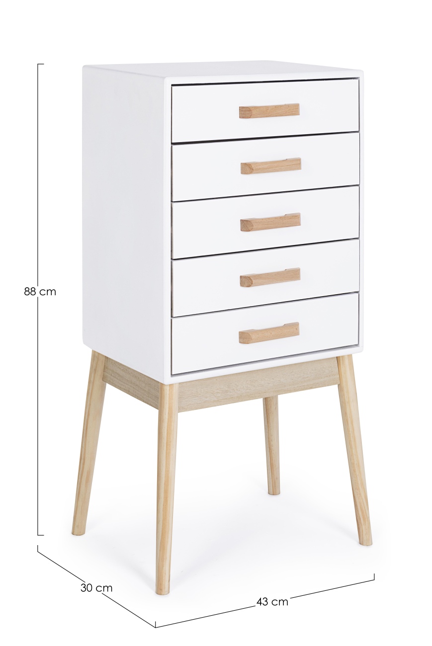 Kommode Ordinary aus Kiefernholz, moderner Stauraum mit 5 Schubladen, weiß, naturfarbene Beine
