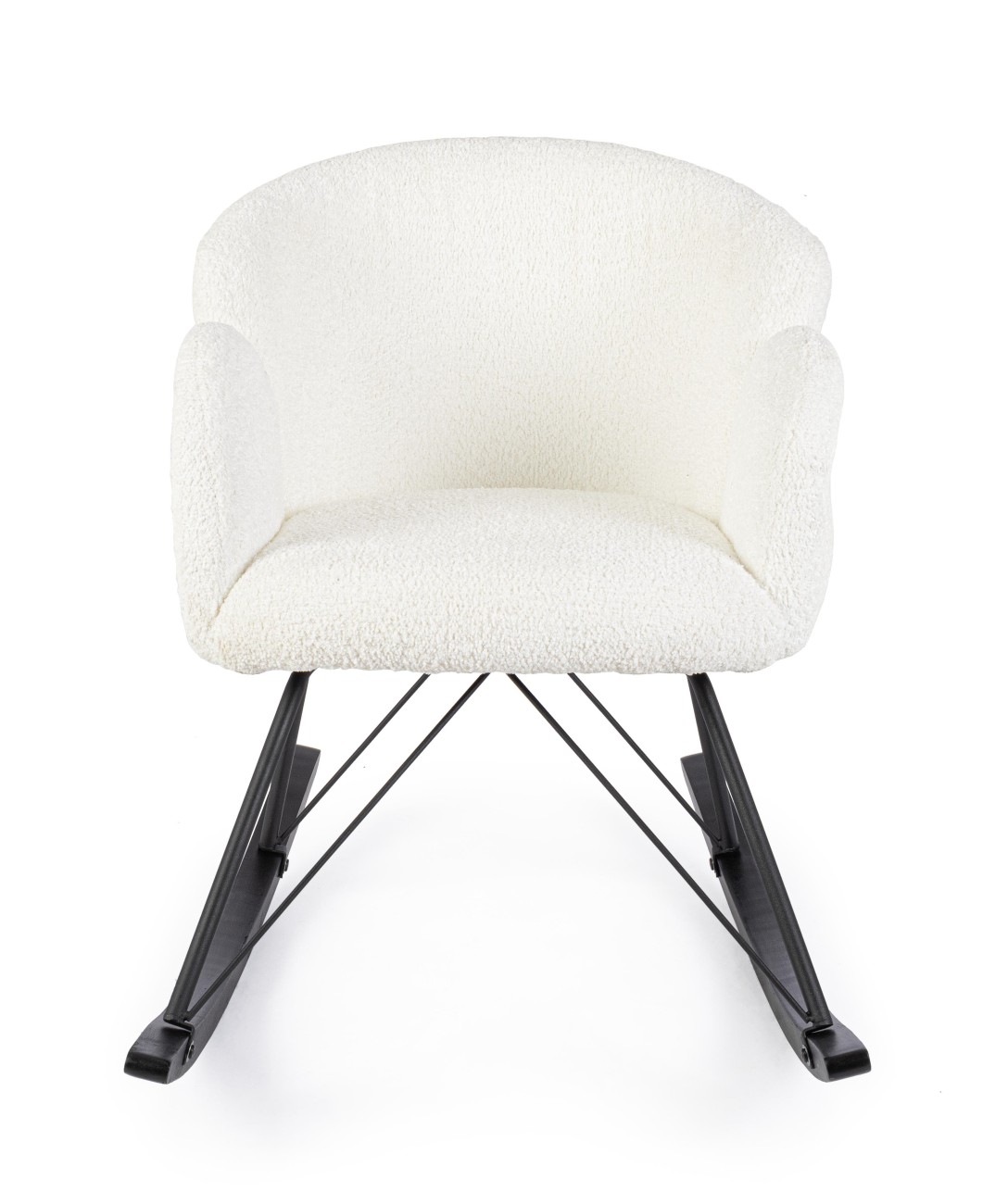 Der Schaukelsessel Sibilla überzeugt mit seinem modernen Stil. Gefertigt wurde er aus Stoff, welcher einen weißen Farbton besitzt. Das Gestell ist aus Metall und hat eine schwarze Farbe. Der Sessel besitzt eine Sitzhöhe von 48 cm.