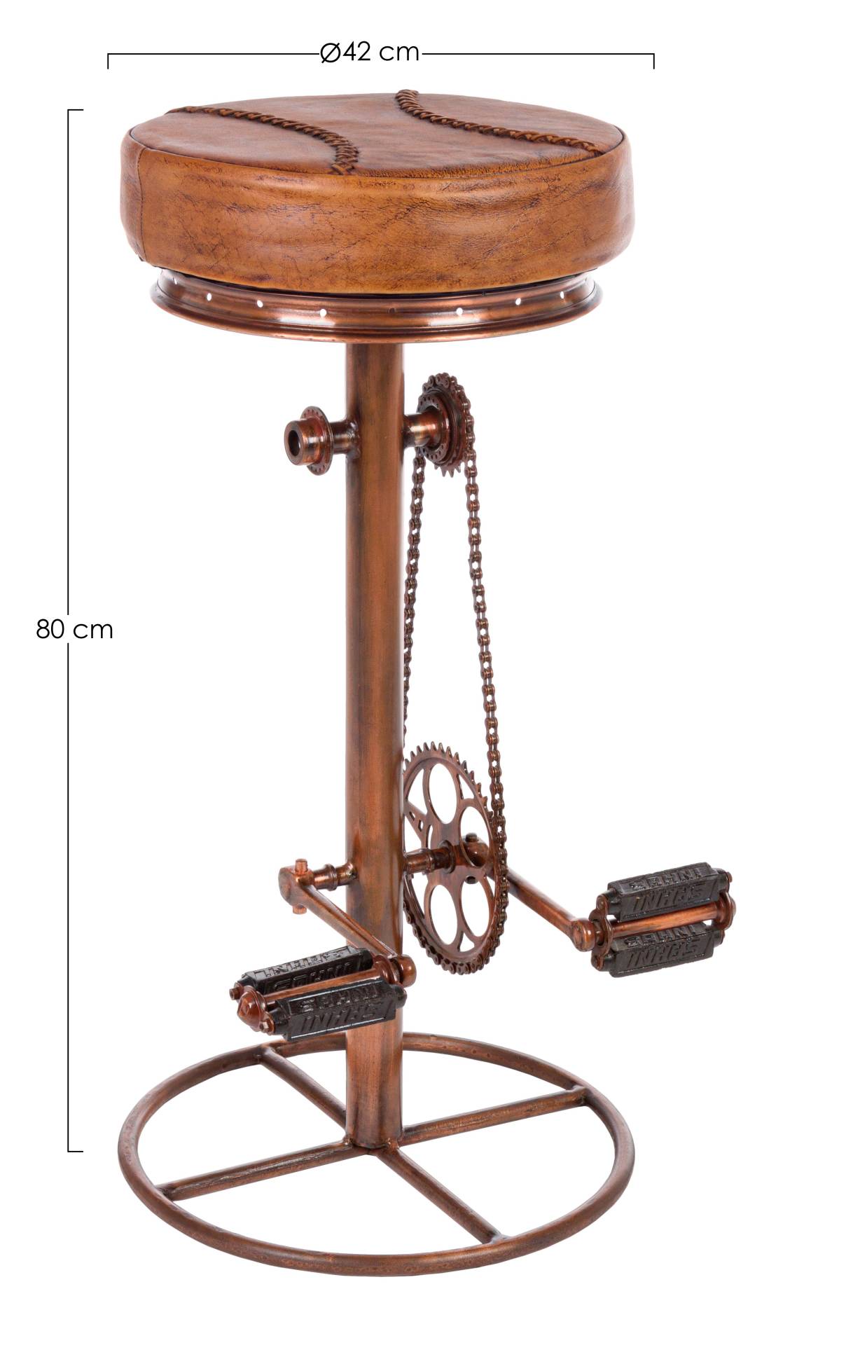 Der Barhocker Cycle überzeugt mit seinem industriellem Design. Gefertigt wurde er aus Leder, welches einen Cognac Farbton besitzt. Das Gestell ist aus Metall und hat eine Bronze Farbe. Die Sitzhöhe des Hockers beträgt 80 cm.
