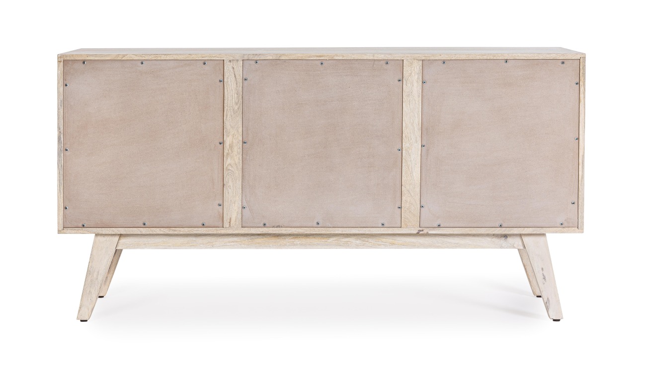 Das Sideboard Indria überzeugt mit seinem modernen Stil. Gefertigt wurde es aus Mangoholz, welches einen natürlichen Farbton besitzt. Das Gestell ist auch aus Mangoholz und hat eine natürliche Farbe. Das Sideboard verfügt über zwei Türen und drei Schublad