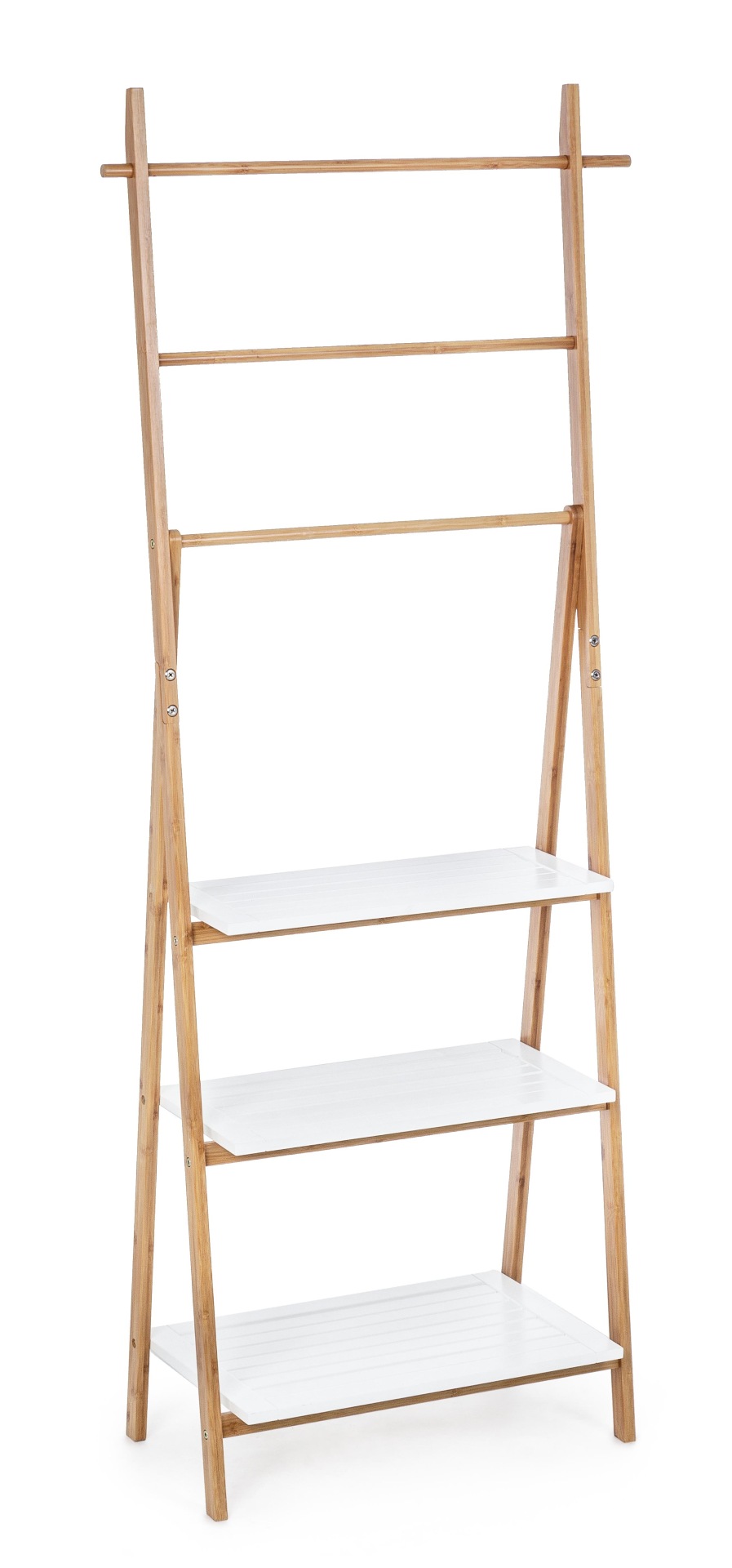 Das Leiterregal Audrey überzeugt mit seinem klassischen Design. Gefertigt wurde es aus Bambusholz, welches einen weißen Farbton besitzt. Das Gestell ist auch aus Bambus und hat eine natürliche Farbe. Das Bücherregal verfügt über drei Böden. Die Breite bet