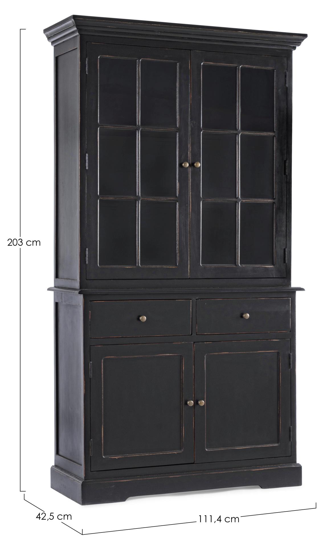 Die Vitrine Jefferson überzeugt mit ihrem klassischen Design. Gefertigt wurde sie aus Mangoholz, welches einen schwarzen Farbton besitzt. Die Vitrine verfügt über zwei Glastüren, zwei Holztüren und zwei Schubladen mit ausreichend Stauraum im inneren. Die 
