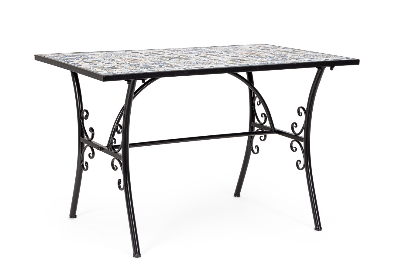 Der Gartenesstisch Mykonos überzeugt mit seinem modernen Design. Gefertigt wurde er aus Keramik, welches einen hellen Farbton besitzt. Das Gestell ist aus Metall und hat eine schwarze Farbe. Der Tisch besitzt eine Größe von 120x80 cm.