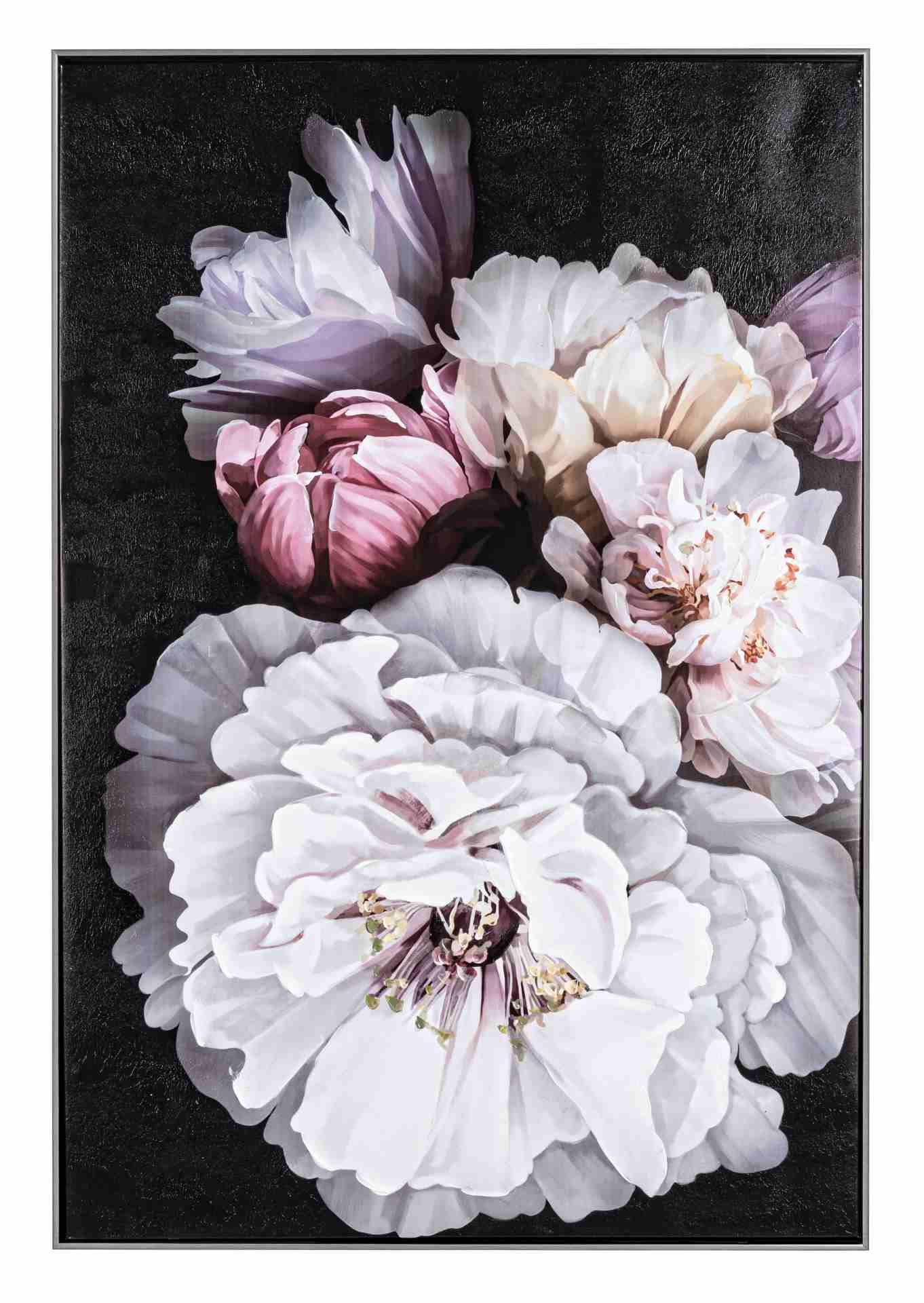 Das Ölbild Dark Flowers überzeugt mit ihrem klassischen Design. Das Bild verfügt über einen Druck auf Leinwand. Das Gestell ist aus Tannenholz und der Rahmen aus Kunststoff. Die Maße sind 122x82 cm.