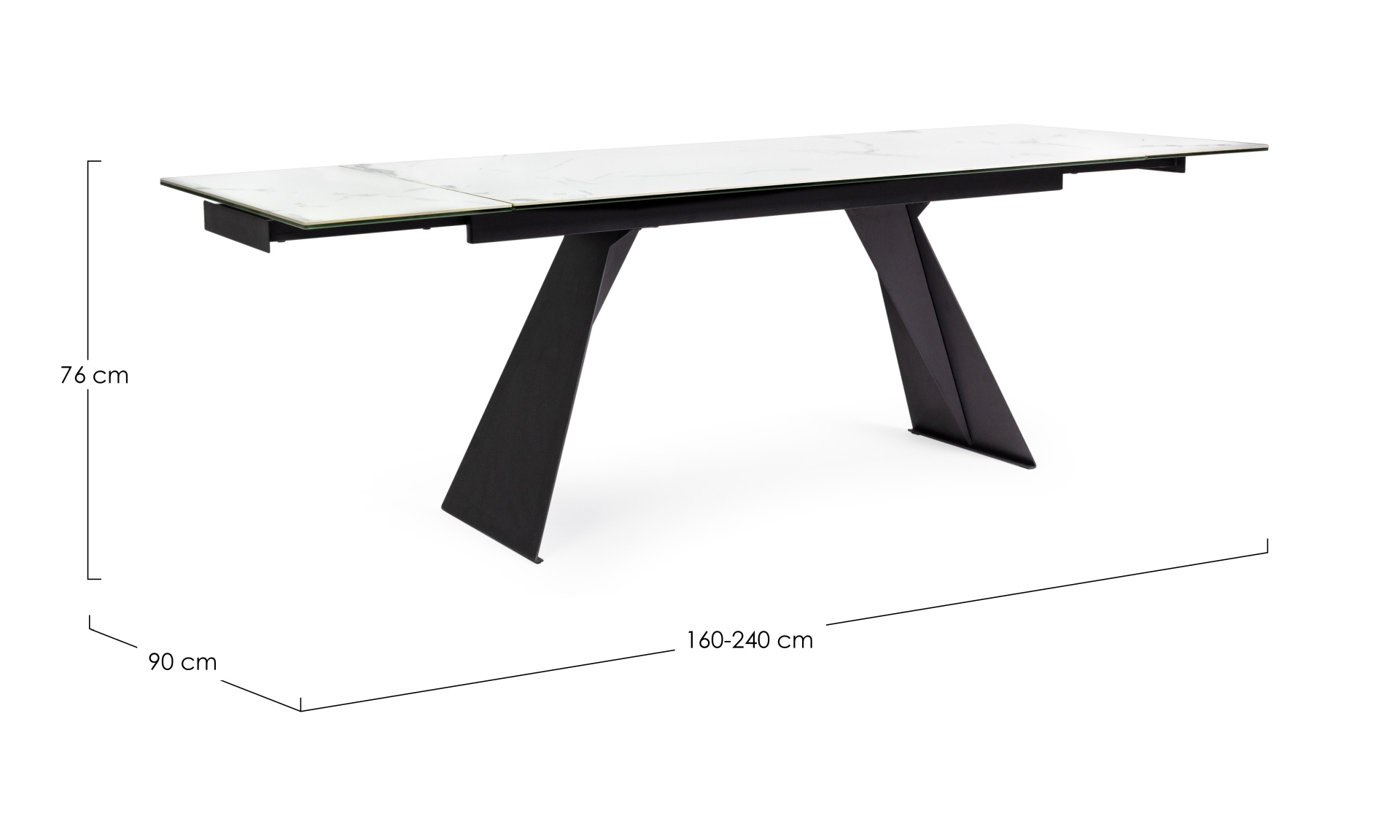 Der Esstisch Blazar überzeugt mit seinem moderndem Design. Gefertigt wurde er aus Keramik, welches einen weißen Farbton besitzt. Das Gestell des Tisches ist aus Metall und ist in eine schwarze Farbe. Der Tisch ist ausziehbar von 160 cm auf 240 cm.