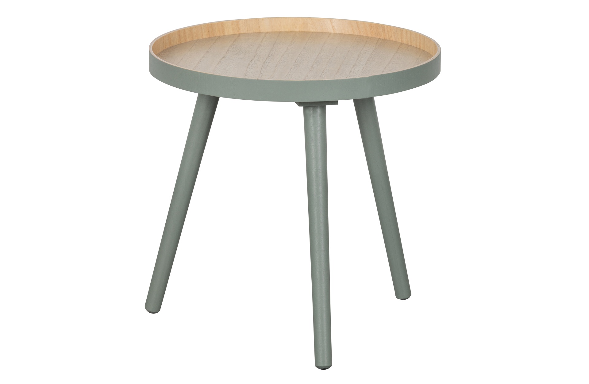 Der Couchtisch Sasha besitzt eine runde Form. Der Tisch ist in einem grünen Farbton, nur die Tischplatte ist natürlich gehalten und schafft einen schönen Kontrast.