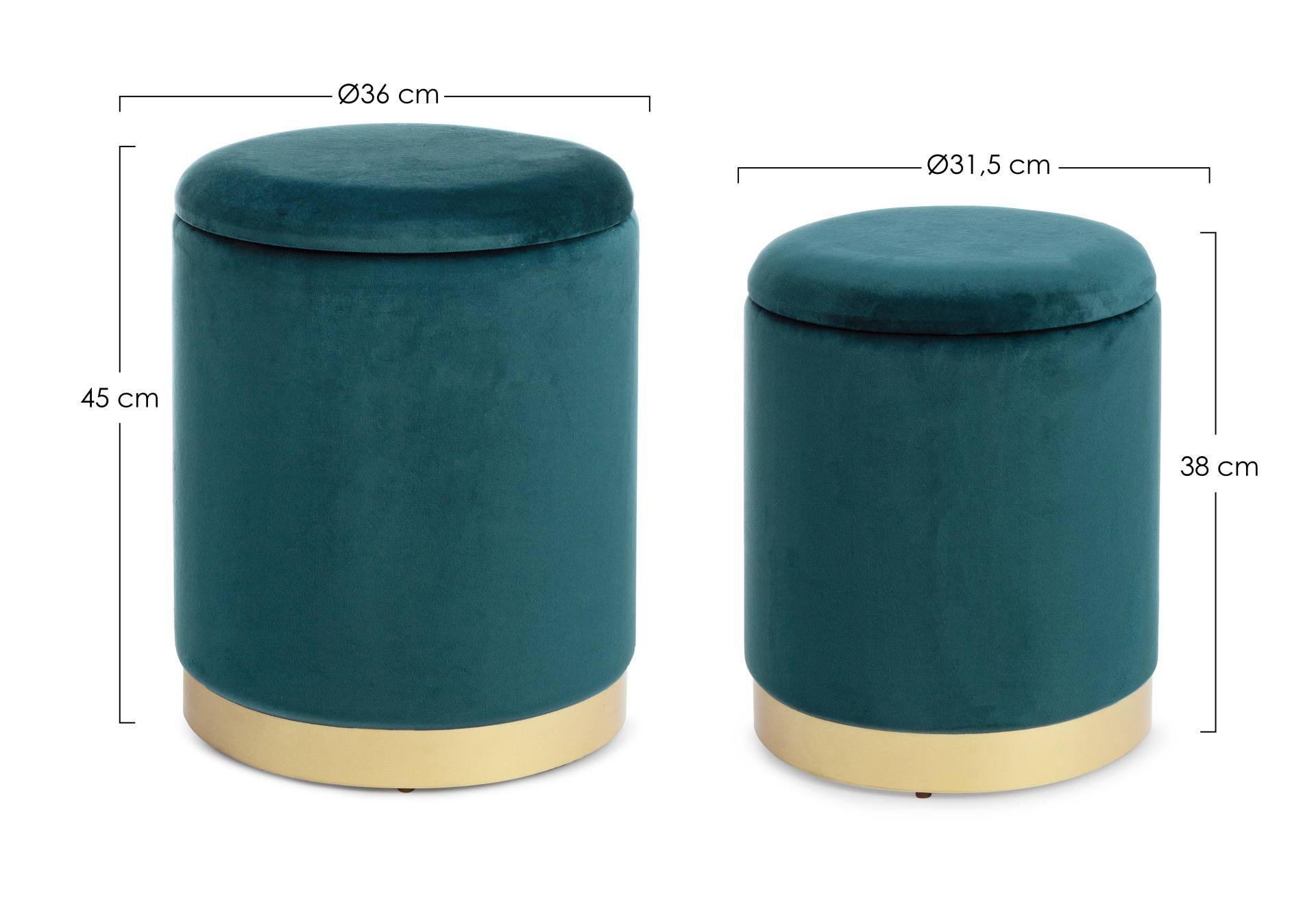 Der Pouf Polina überzeugt mit seinem modernen Design. Erhältlich ist er als 2er-Set. Gefertigt wurde er aus Stoff in Samt-Optik, welcher einen grünen Farbton besitzt. Das Gestell ist aus Metall und hat eine goldene Farbe. Der Durchmesser beträgt 36 cm.