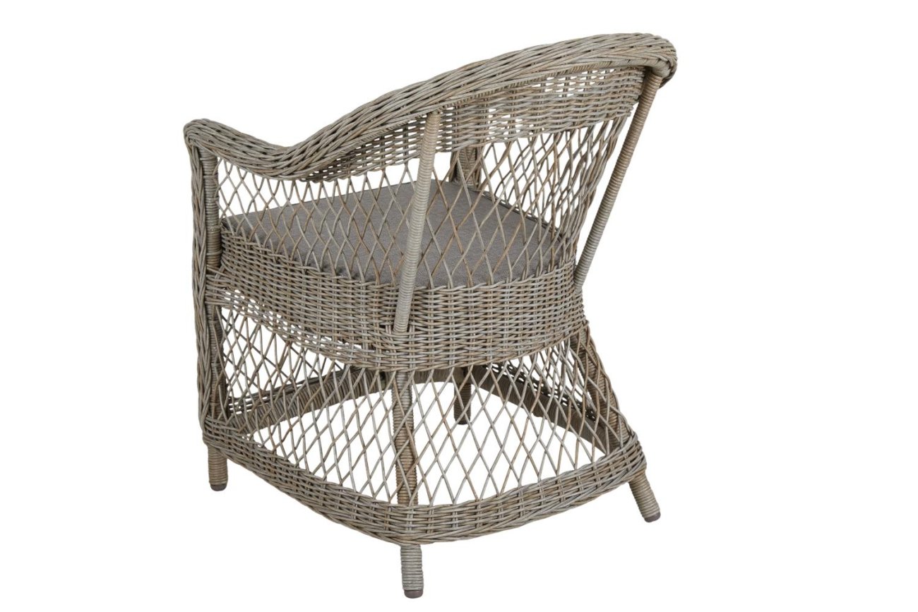Der Gartenstuhl Kamomill überzeugt mit seinem modernen Design. Gefertigt wurde er aus Rattan, welches einen grauen Farbton besitzt. Das Gestell ist aus Metall und hat eine schwarze Farbe. Die Sitzhöhe des Stuhls beträgt 48 cm.