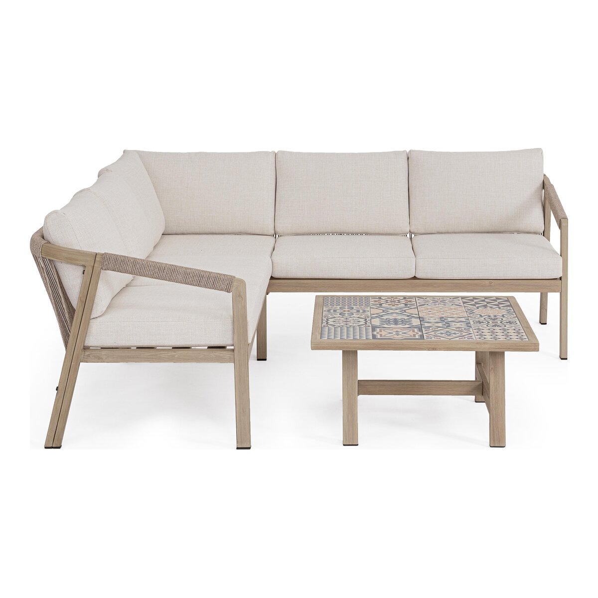 Gartenecksofa Kalimera - Aluminium Timber Natur, Olefin Beige, inkl. Couchtisch