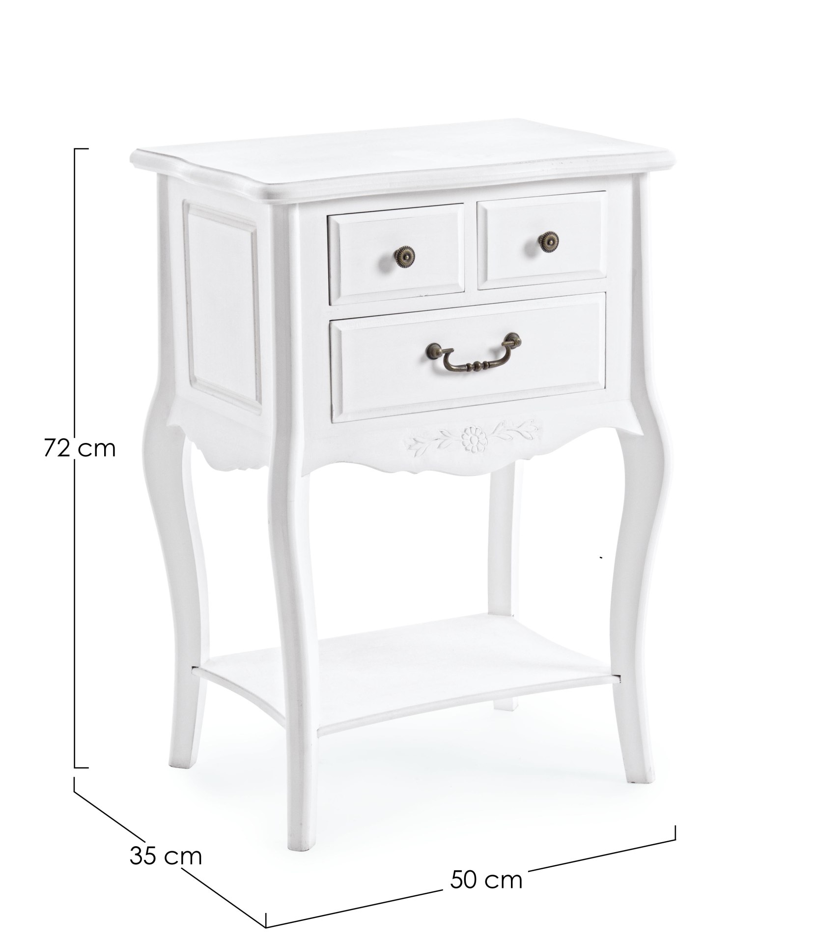 Der Nachttisch Daisy überzeugt mit seinem klassischen Design. Gefertigt wurde er aus MDF, welches einen weißen Farbton besitzt. Das Gestell ist auch aus MDF. Der Nachttisch verfügt über drei Schubladen. Die Breite beträgt 50 cm.