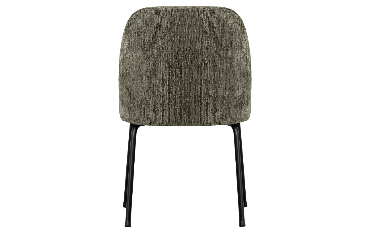 Der Esszimmerstuhl Vogue überzeugt mit seinem modernen Stil. Gefertigt wurde er aus Struktursamt, welches einen graugrünen Farbton besitzt. Das Gestell ist aus Metall und hat eine schwarze Farbe. Der Sessel besitzt eine Größe von 57x50 cm.