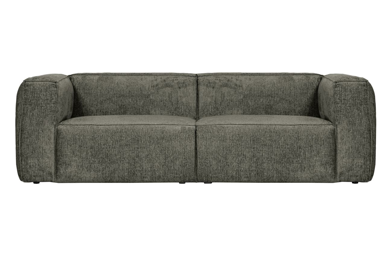 Das Sofa Bean überzeugt mit seinem modernen Stil. Gefertigt wurde es aus Struktursamt, welches einen graugrünen Farbton besitzt. Das Gestell ist aus Kunststoff und hat eine schwarze Farbe. Das Sofa besitzt eine Größe von 246x96 cm.