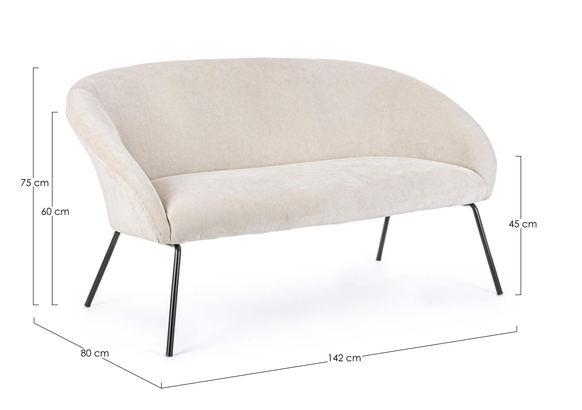 Das Sofa Aiko überzeugt mit seinem modernen Design. Gefertigt wurde es aus Stoff in Samt-Optik, welcher einen weißen Farbton besitzt. Das Gestell ist aus Metall und hat eine schwarze Farbe. Das Sofa ist in der Ausführung als 2-Sitzer. Die Breite beträgt 1