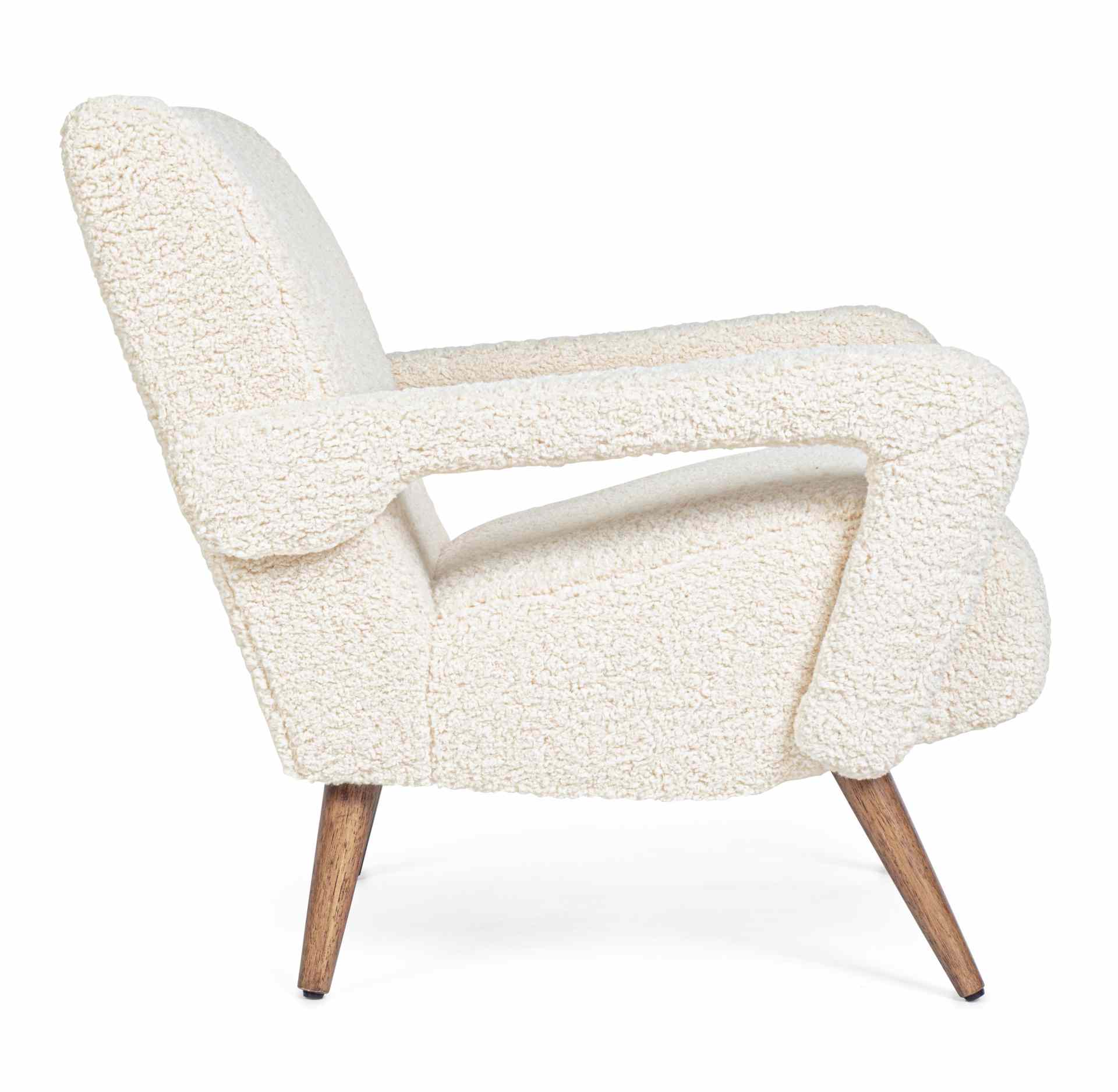 Der Sessel Berna überzeugt mit seinem modernen Design. Gefertigt wurde er aus Stoff in Teddy-Optik, welcher einen weißen Farbton besitzt. Das Gestell ist aus Kautschukholz und hat eine natürliche Farbe. Der Sessel besitzt eine Sitzhöhe von 45 cm. Die Brei