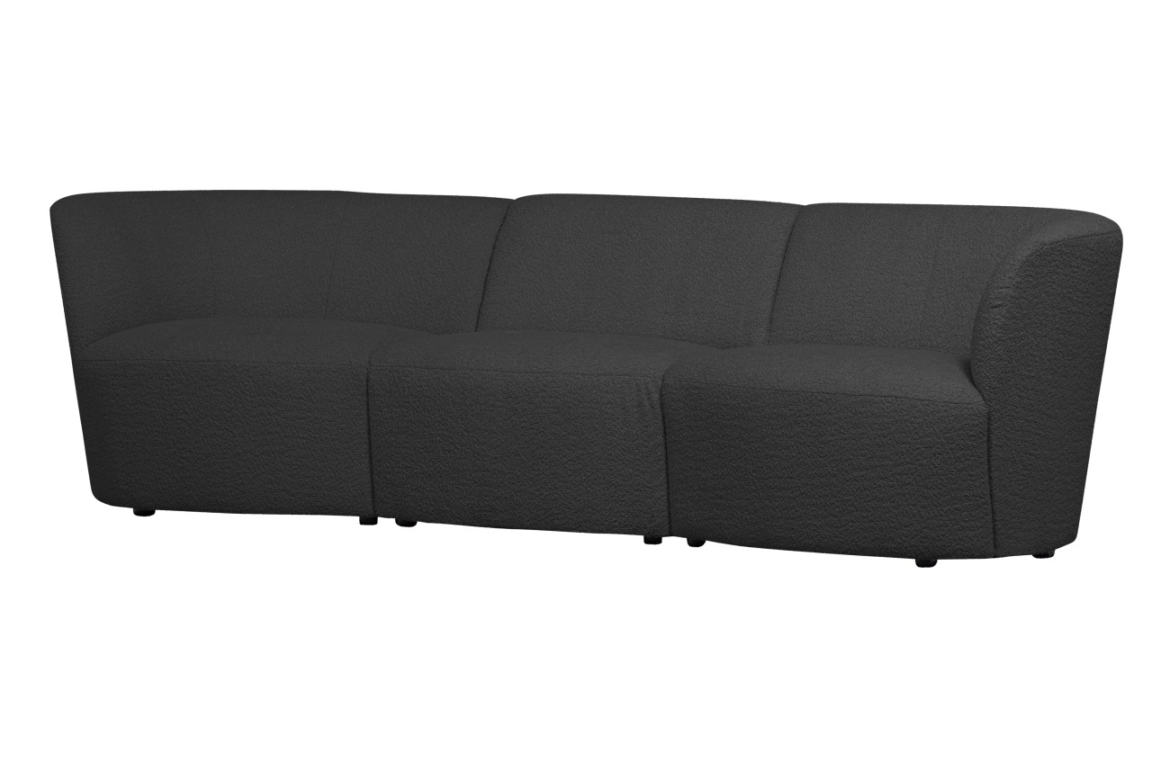Das Sofa Coco überzeugt mit seinem modernen Design. Gefertigt wurde es aus Boucle-Stoff, welches einen dunkelgrauen Farbton besitzt. Die Füße ist aus Kunststoff und hat eine schwarze Farbe. Das Sofa hat eine Größe von 227x72x70 cm.