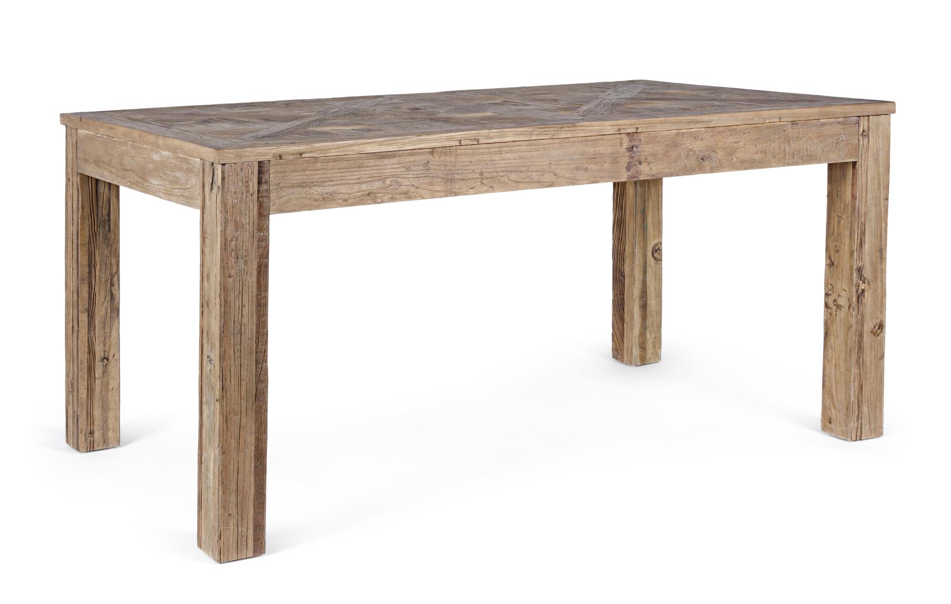 Der Esstisch Kaily überzeugt mit seinem klassischem Design gefertigt wurde er aus recyceltem Ulmenholz, welches einen natürlichen Farbton besitzt. Das Gestell des Tisches ist auch aus massivem Ulmenholz. Der Tisch besitzt eine Breite von 160 cm.