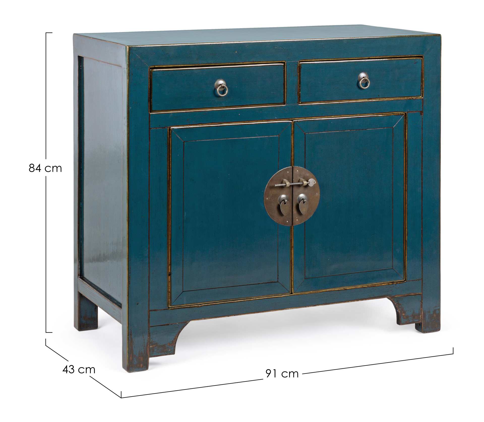 Die Kommode Jinan überzeugt mit ihrem klassischen Design. Gefertigt wurde sie aus Ulmen-Holz, welches einen blauen Farbton besitzt. Das Gestell ist auch aus Ulmen-Holz. Die Kommode verfügt über zwei Türen und zwei Schubladen. Die Breite beträgt 91 cm.