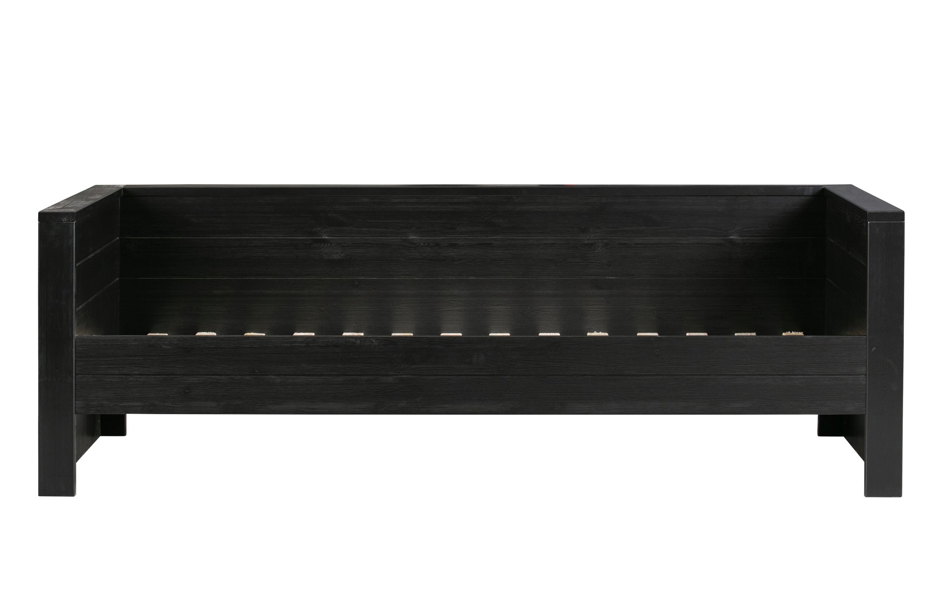 Das Bettgestell Dennis Sofabett wurde aus Kiefernholz gefertigt und besitzt einen schwarzen Farbton. Die Maße des Bettes sind 90x200 cm.