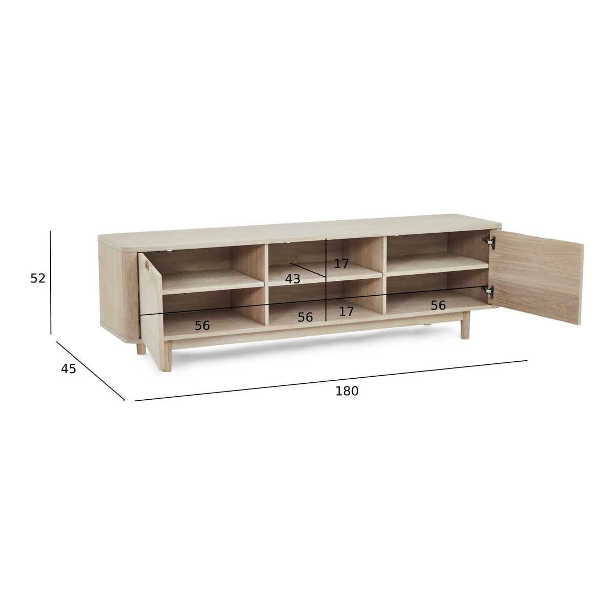 TV-Board Gorbin Eiche Whitewash 180 cm - mit Türen & Soft-Close