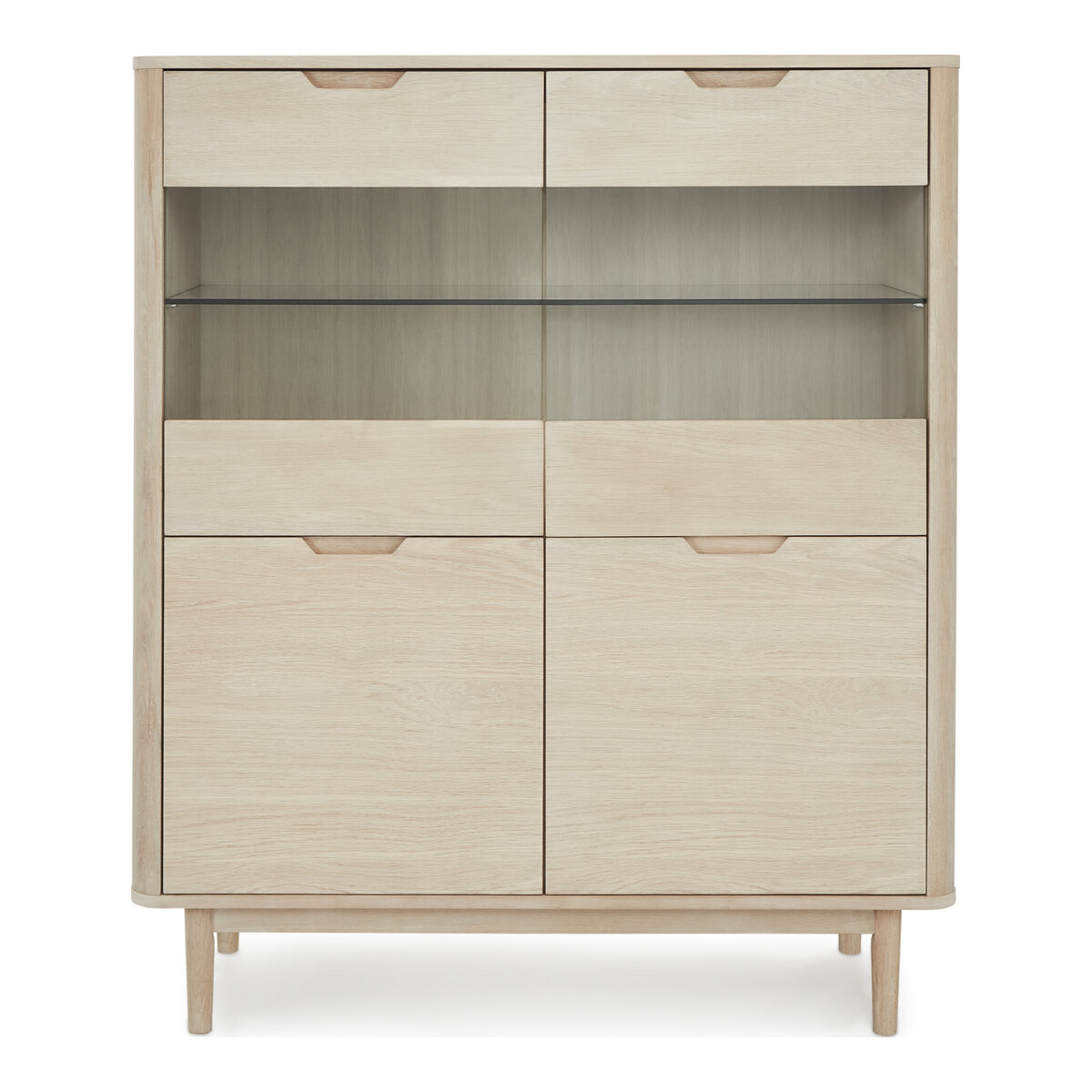 Highboard Gorbin Eiche Whitewash 146 cm - Glas-Highboard mit LED & Soft-Close