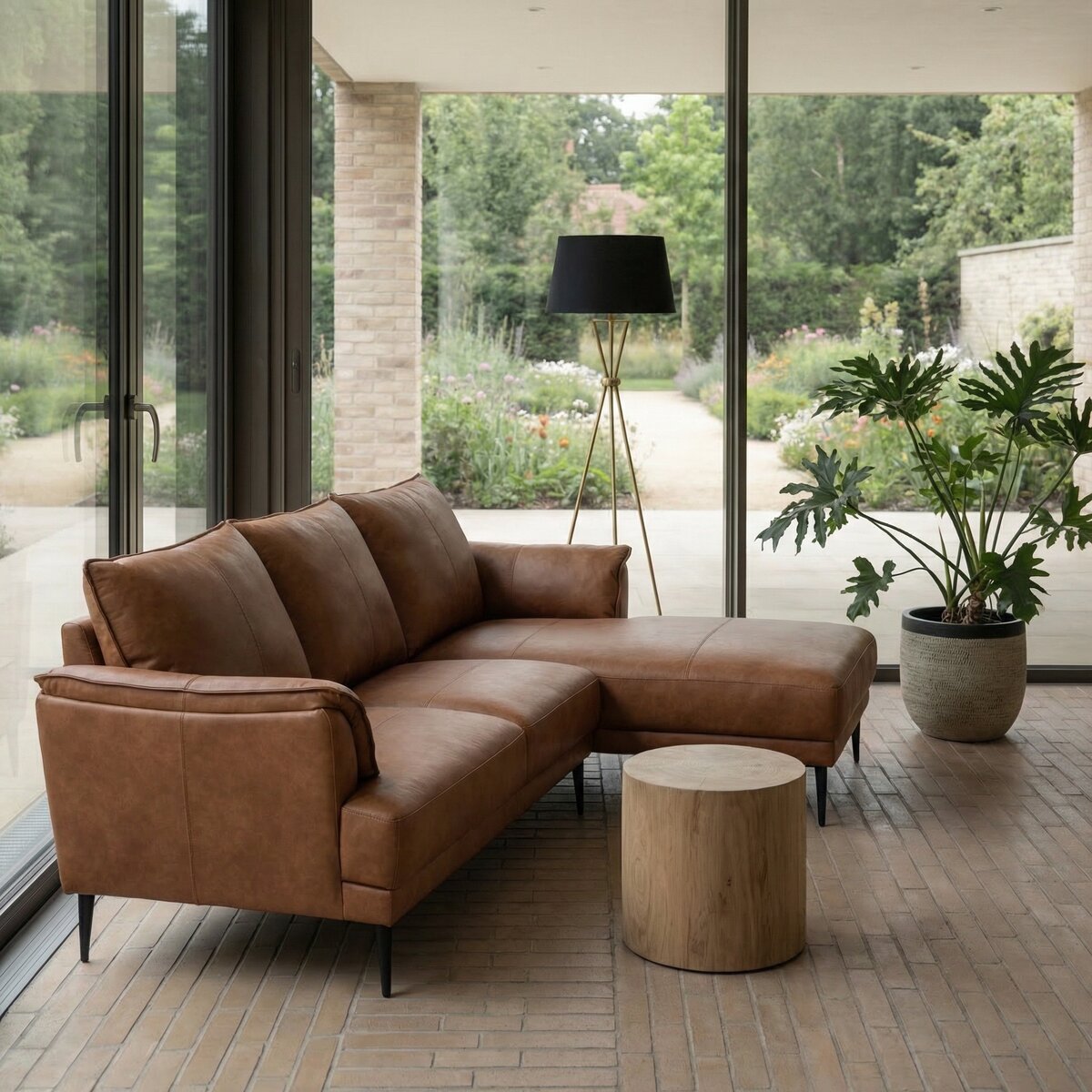 Ecksofa Luso Cognac Echtleder - Rechte Recamiere, Taschenfederkern & Metallfüßen