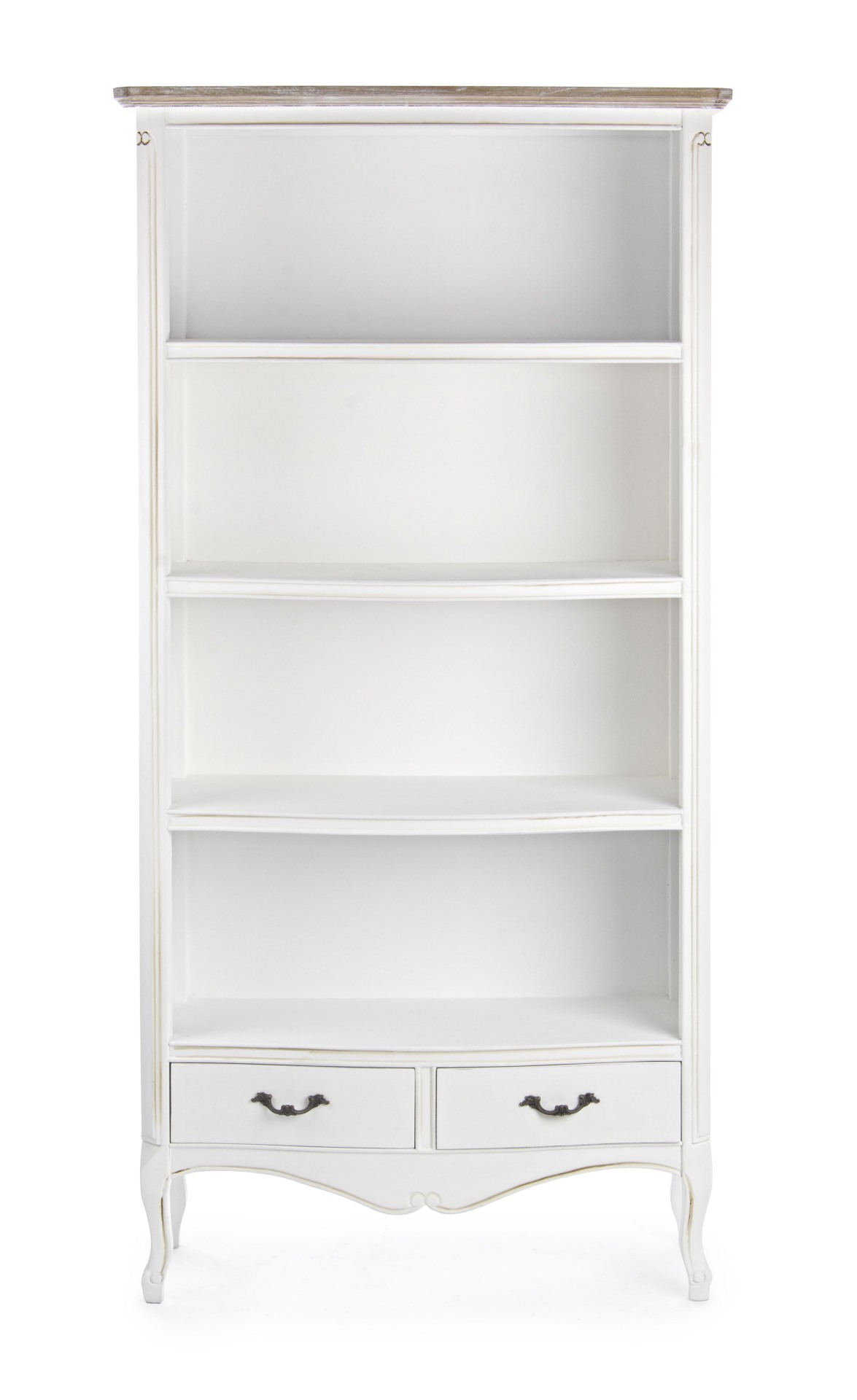 Das Bücherregal Justine überzeugt mit seinem klassischen Design. Gefertigt wurde es aus Paulowniaholz, welches einen weißen Farbton besitzt. Das Gestell ist auch aus Paulowniaholz. Das Bücherregal verfügt über vier Fächer und zwei Schubladen. Die Breite b