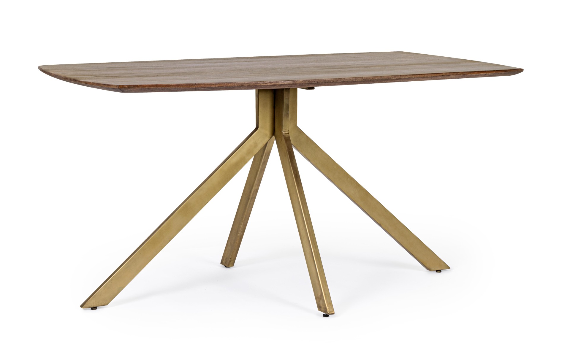 Der Esstisch Sherman überzeugt mit seinem klassischem Design. Gefertigt wurde er aus Mangoholz, welches einen natürlichen Farbton besitzt. Das Gestell ist aus Metall und hat eine goldene Farbe. Das Tisch hat eine Breite von 150 cm.