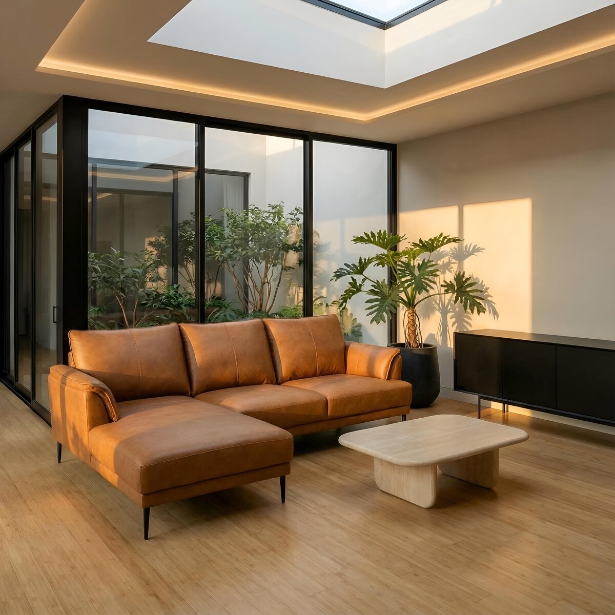 Ecksofa Luso Cognac Echtleder - Linke Recamiere, Taschenfederkern & Metallfüßen
