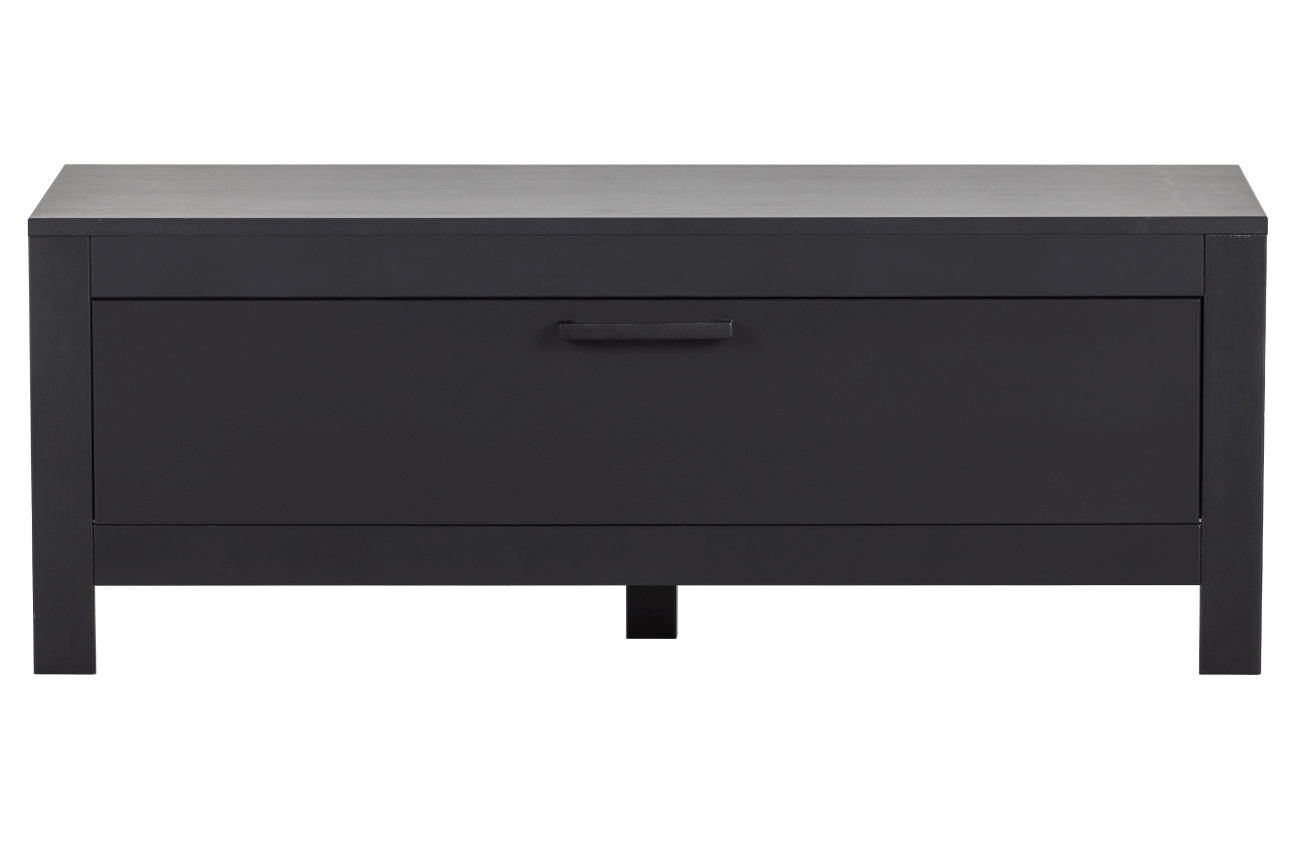 Das TV Board Bonk überzeugt mit seinem modernen Stil. Gefertigt wurde es aus Kiefernholz, welches einen schwarzen Farbton besitzt. Das Gestell ist auch aus Kiefernholz. Das TV Board verfügt über eine Klapptür und zwei Fächer im inneren. Es hat eine Breite