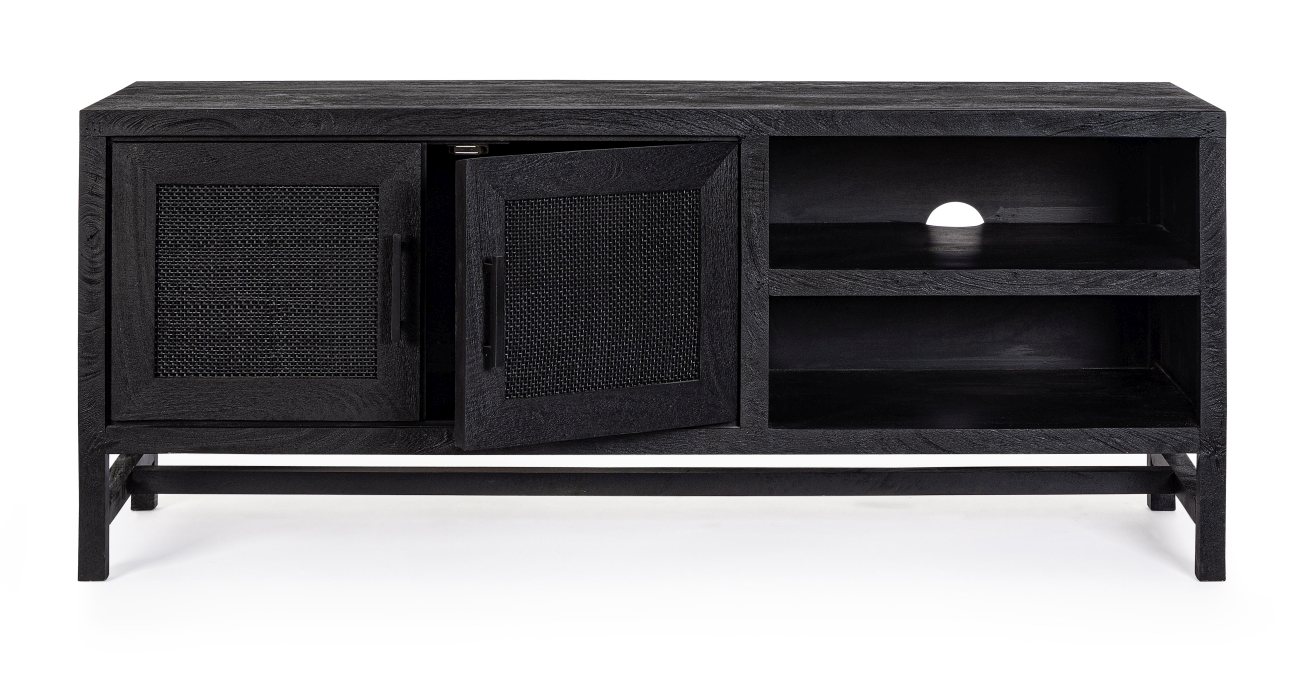 Das TV Board Weston überzeugt mit seinem modernen Stil. Gefertigt wurde es aus Mangoholz, welches einen schwarzen Farbton besitzt. Das Gestell ist auch aus Mangoholz und hat eine schwarze Farbe. Das TV Board verfügt über zwei Türen und zwei Fächer.