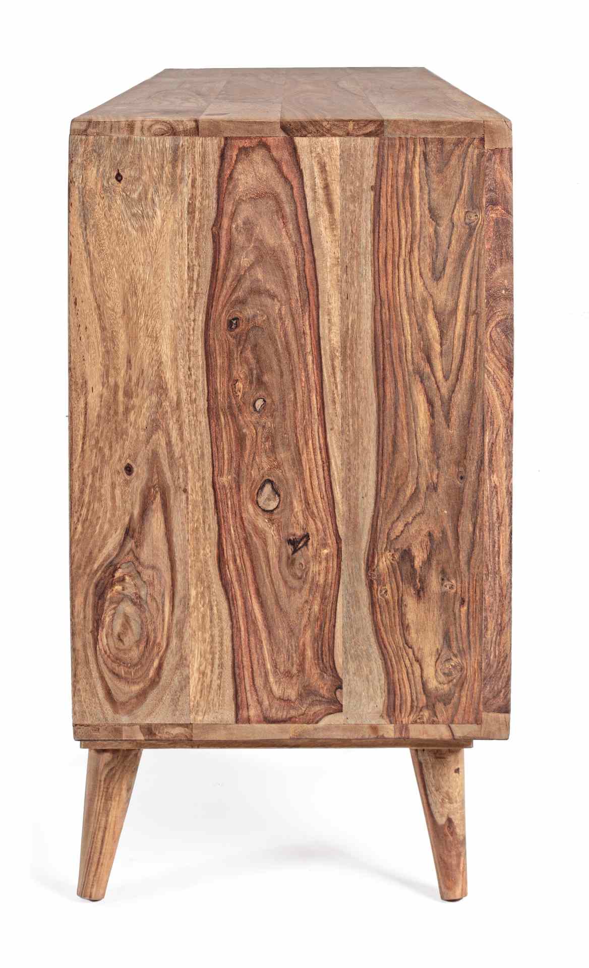 Das Sideboard Kant überzeugt mit seinem modernem Design. Gefertigt wurde es aus Sheeshamholz, welches einen natürlichen Farbton besitzt. Das Gestell ist auch aus Sheeshamholz. Das Sideboard verfügt über drei Türen und drei Schubladen. Die Breite beträgt 1