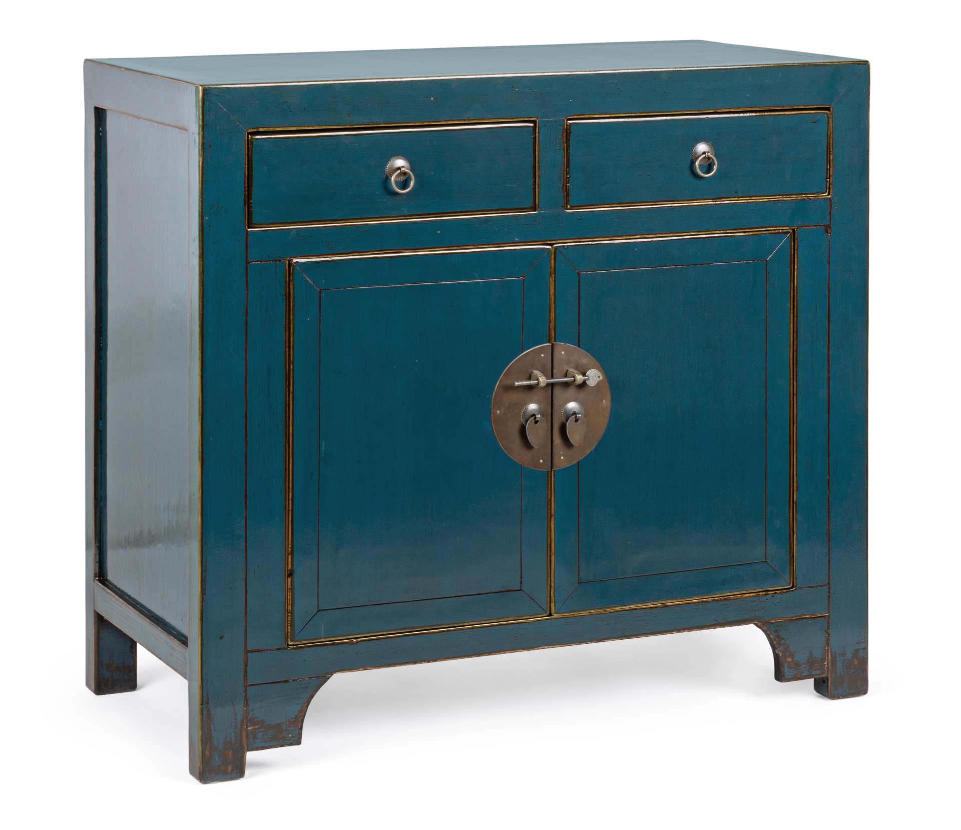 Die Kommode Jinan überzeugt mit ihrem klassischen Design. Gefertigt wurde sie aus Ulmen-Holz, welches einen blauen Farbton besitzt. Das Gestell ist auch aus Ulmen-Holz. Die Kommode verfügt über zwei Türen und zwei Schubladen. Die Breite beträgt 91 cm.