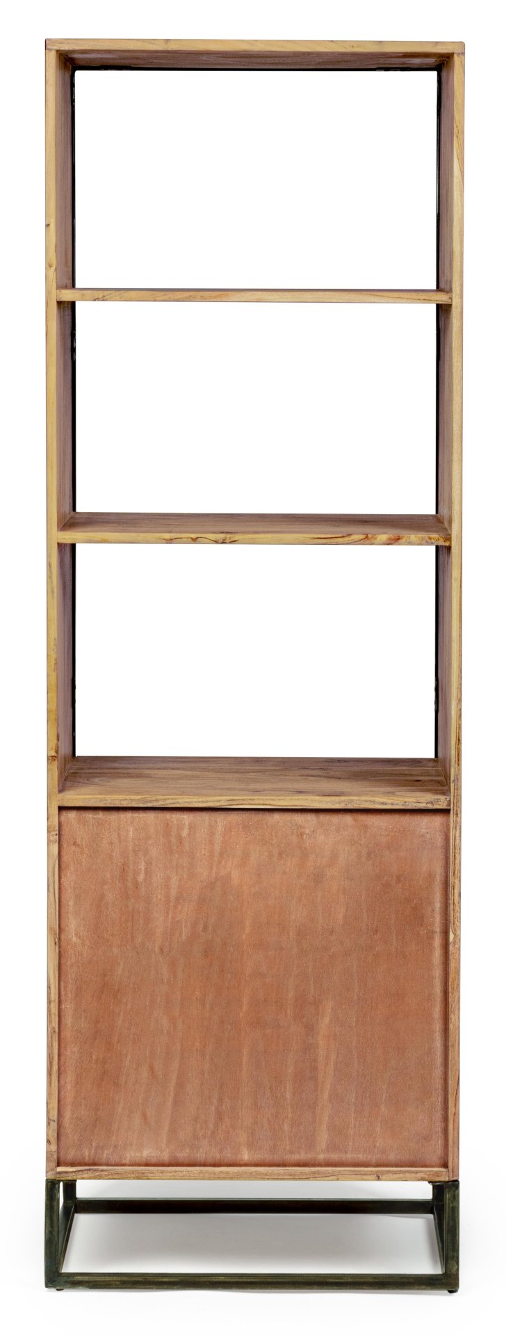 Das Bücherregal Egon überzeugt mit seinem klassischen Design. Gefertigt wurde es aus Akazienholz, welches einen natürlichen Farbton besitzt. Das Gestell ist aus Metall und hat eine schwarze Farbe. Das Bücherregal verfügt über eine Tür und drei Fächer. Die