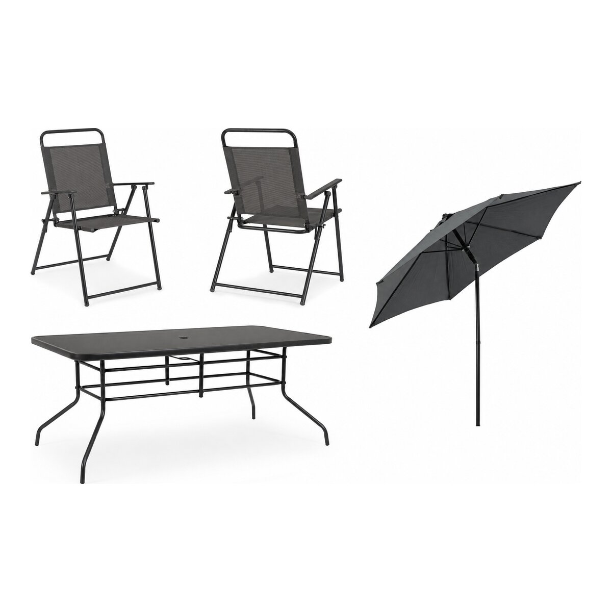 Garten-Set Pompei aus Metall, klassisch, anthrazit, mit Tischplatte aus Glas und Sonnenschirm