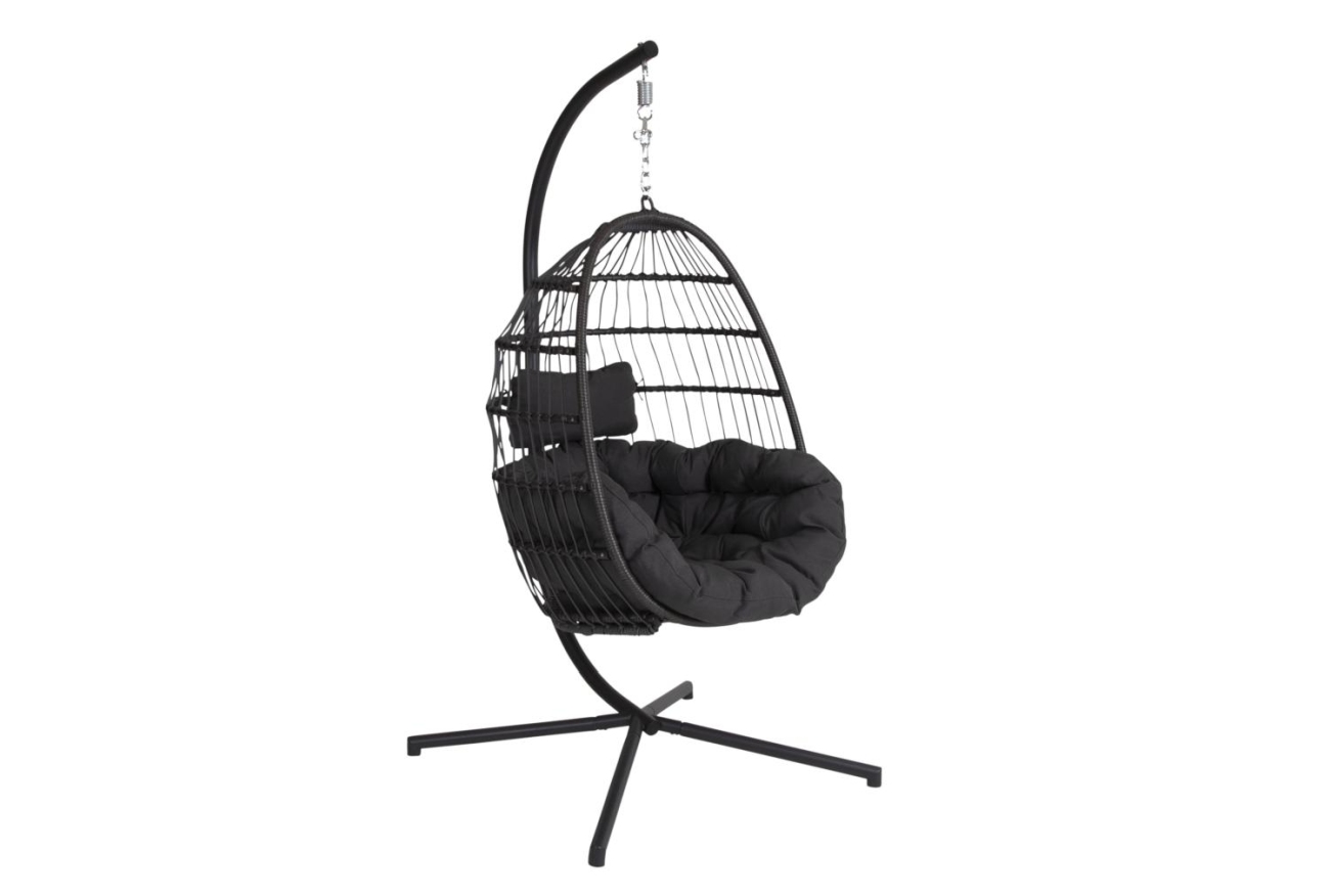 Der Hängesessel Illora überzeugt mit seinem modernen Design. Gefertigt wurde er aus Stoff, welcher einen schwarzen Farbton besitzt. Das Gestell ist aus Aluminium und hat eine schwarze Farbe. Der Sessel wird inklusive Ständer geliefert.