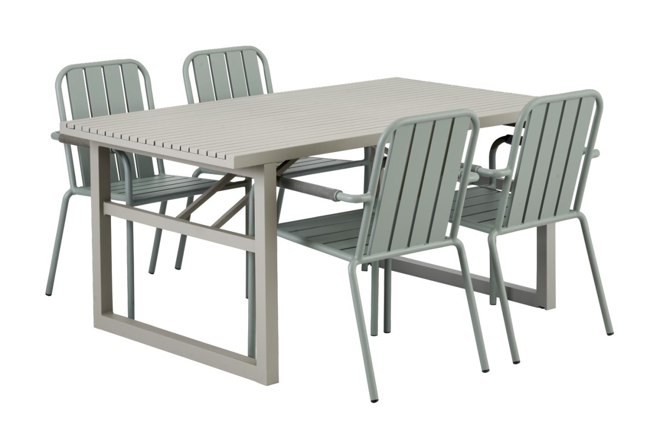 Der Gartenesstisch Vevi überzeugt mit seinem modernen Design. Gefertigt wurde die Tischplatte aus Metall, welche einen Kaki Farbton besitzt. Das Gestell ist auch aus Metall und hat eine Kaki Farbe. Der Tisch besitzt eine Länge von 160 cm.