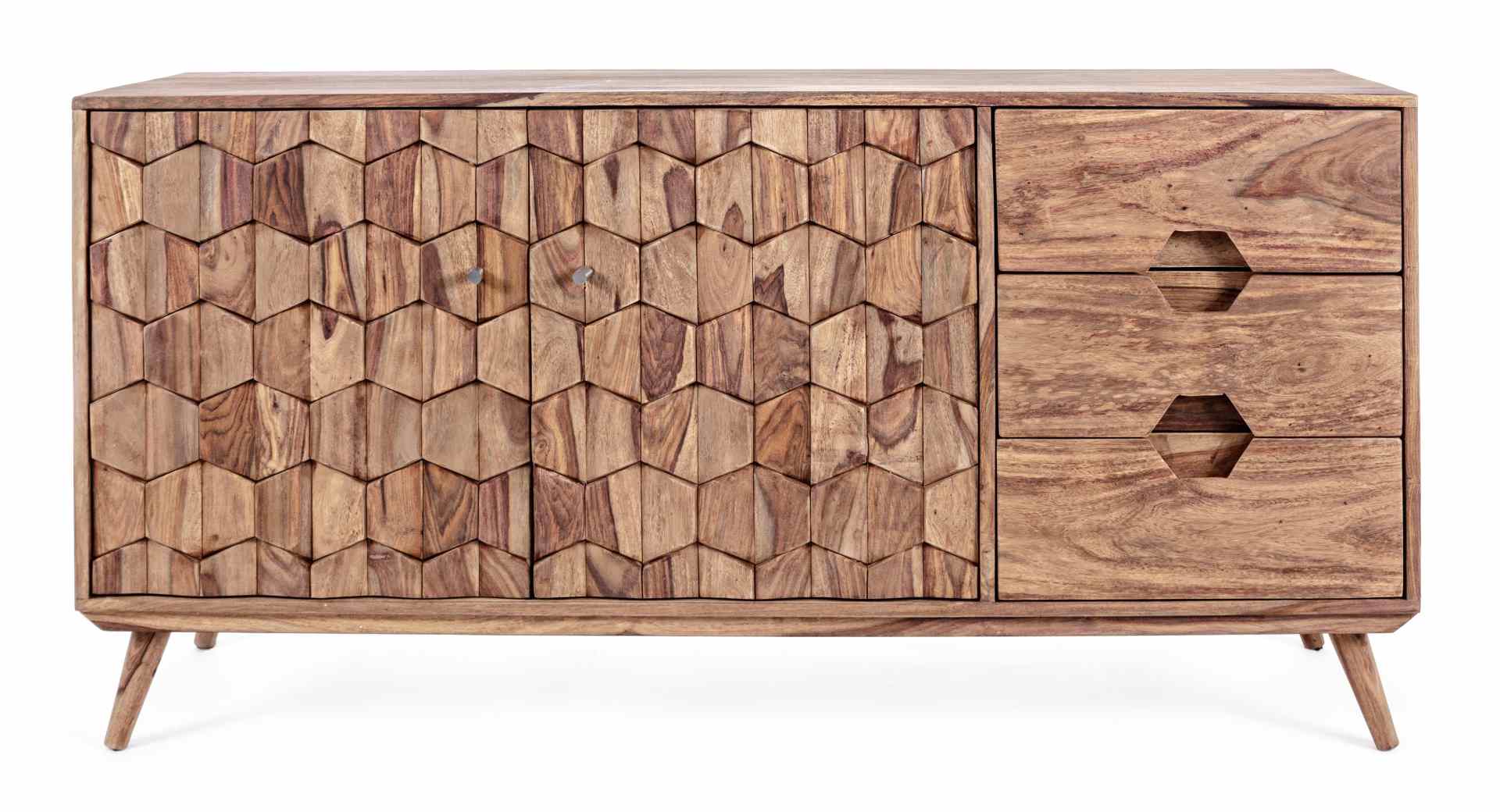 Das Sideboard Kant überzeugt mit seinem modernem Design. Gefertigt wurde es aus Sheeshamholz, welches einen natürlichen Farbton besitzt. Das Gestell ist auch aus Sheeshamholz. Das Sideboard verfügt über zwei Türen und drei Schubladen. Die Breite beträgt 1