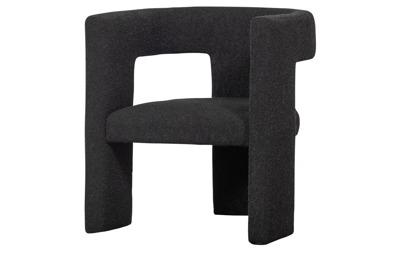 Der Sessel Tiwa überzeugt mit seinem modernen Design. Gefertigt wurde er aus Boucle Stoff, welcher einen Dunkelgrauen Farbton besitzt. Das Gestell ist auch aus groben Samt und hat eine dunkelgraue Farbe. Der Sessel besitzt eine Sitzhöhe von 42 cm.