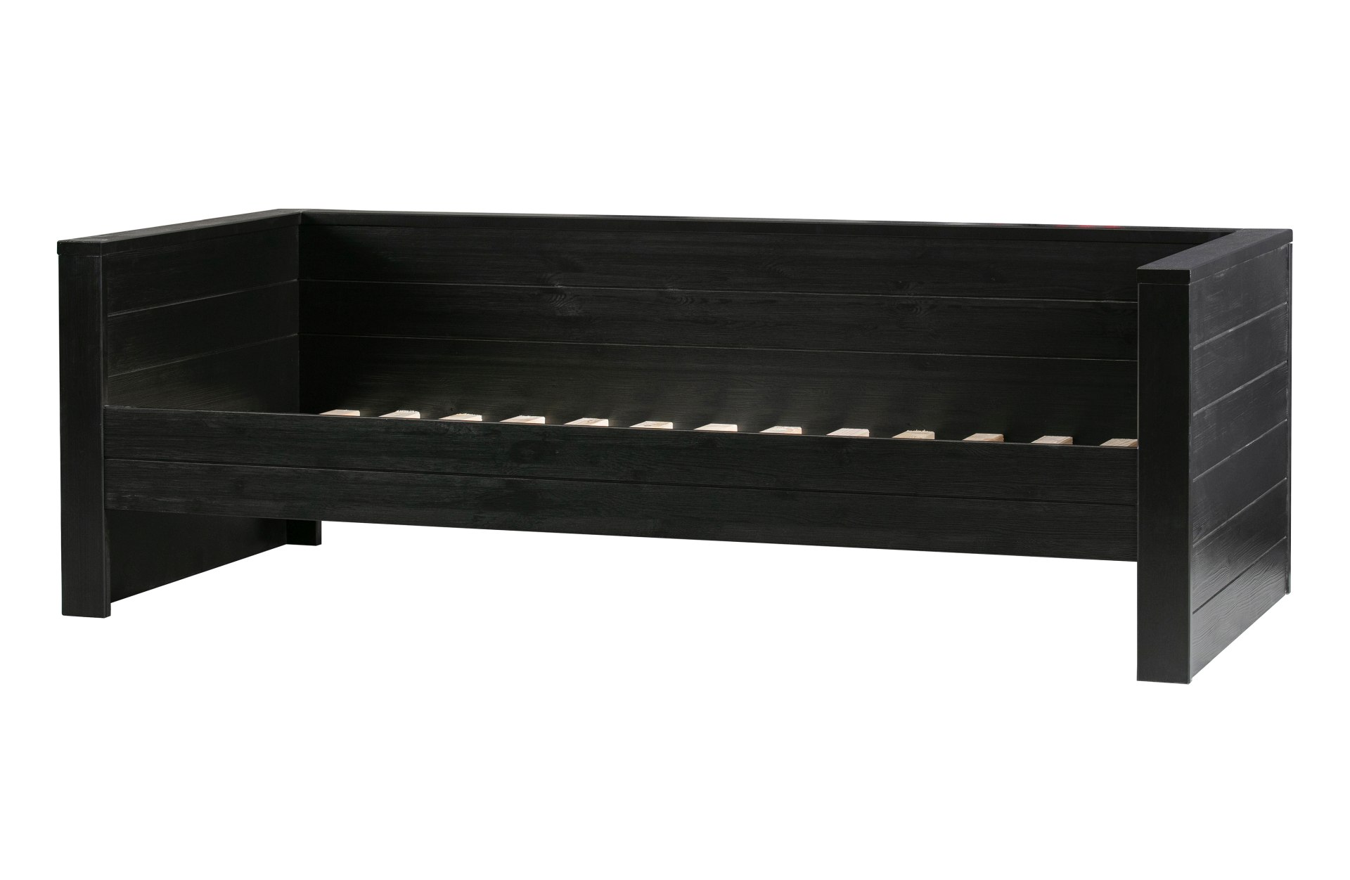 Das Bettgestell Dennis Sofabett wurde aus Kiefernholz gefertigt und besitzt einen schwarzen Farbton. Die Maße des Bettes sind 90x200 cm.