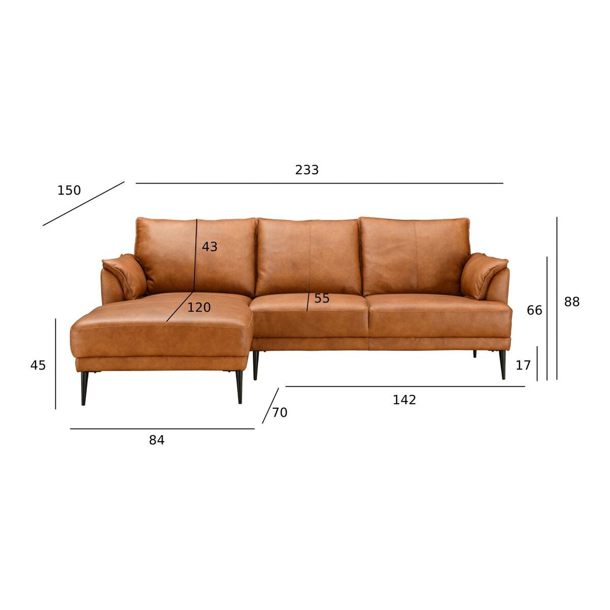Ecksofa Luso Cognac Echtleder - Linke Recamiere, Taschenfederkern & Metallfüßen