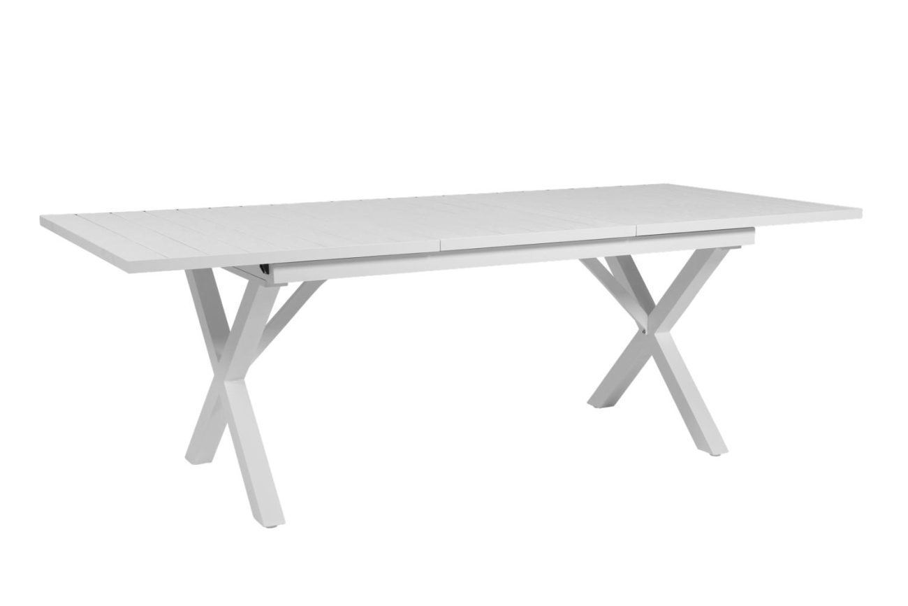 Der Gartenesstisch Hillmond überzeugt mit seinem modernen Design. Gefertigt wurde die Tischplatte aus Metall und besitzt einen weißen Farbton. Das Gestell ist auch aus Metall und hat eine weiße Farbe. Der Tisch besitzt eine Länger von 160 cm welche bis au