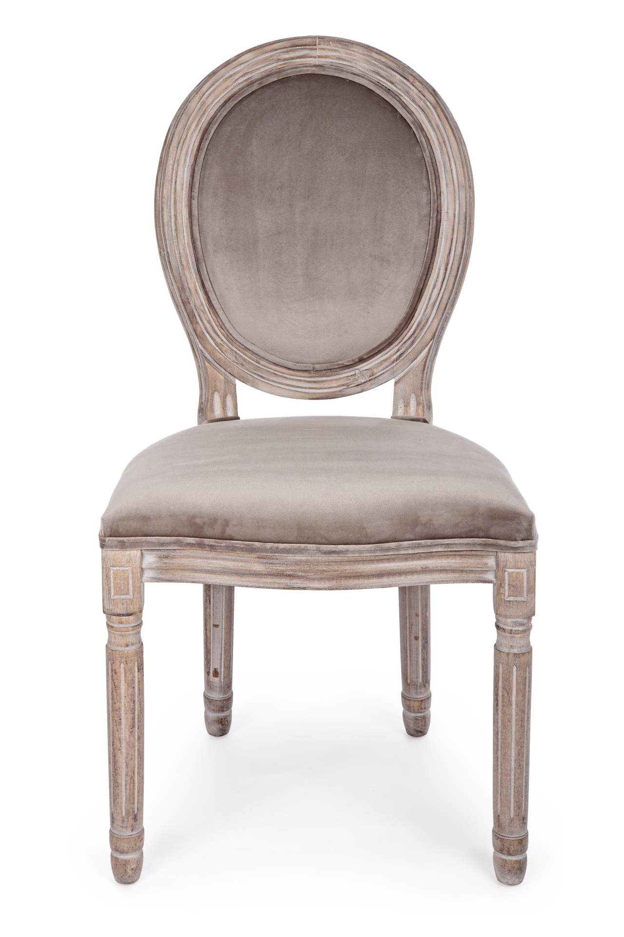 Der Stuhl Mathilde überzeugt mit seinem klassischem Design gefertigt wurde der Stuhl aus Birkenholz, welches natürlich gehalten ist. Die Sitz- und Rückenfläche ist aus einem Stoff-Bezug, welcher einen Taupe Farbton besitzt und in einer Samt-Optik ist. Die