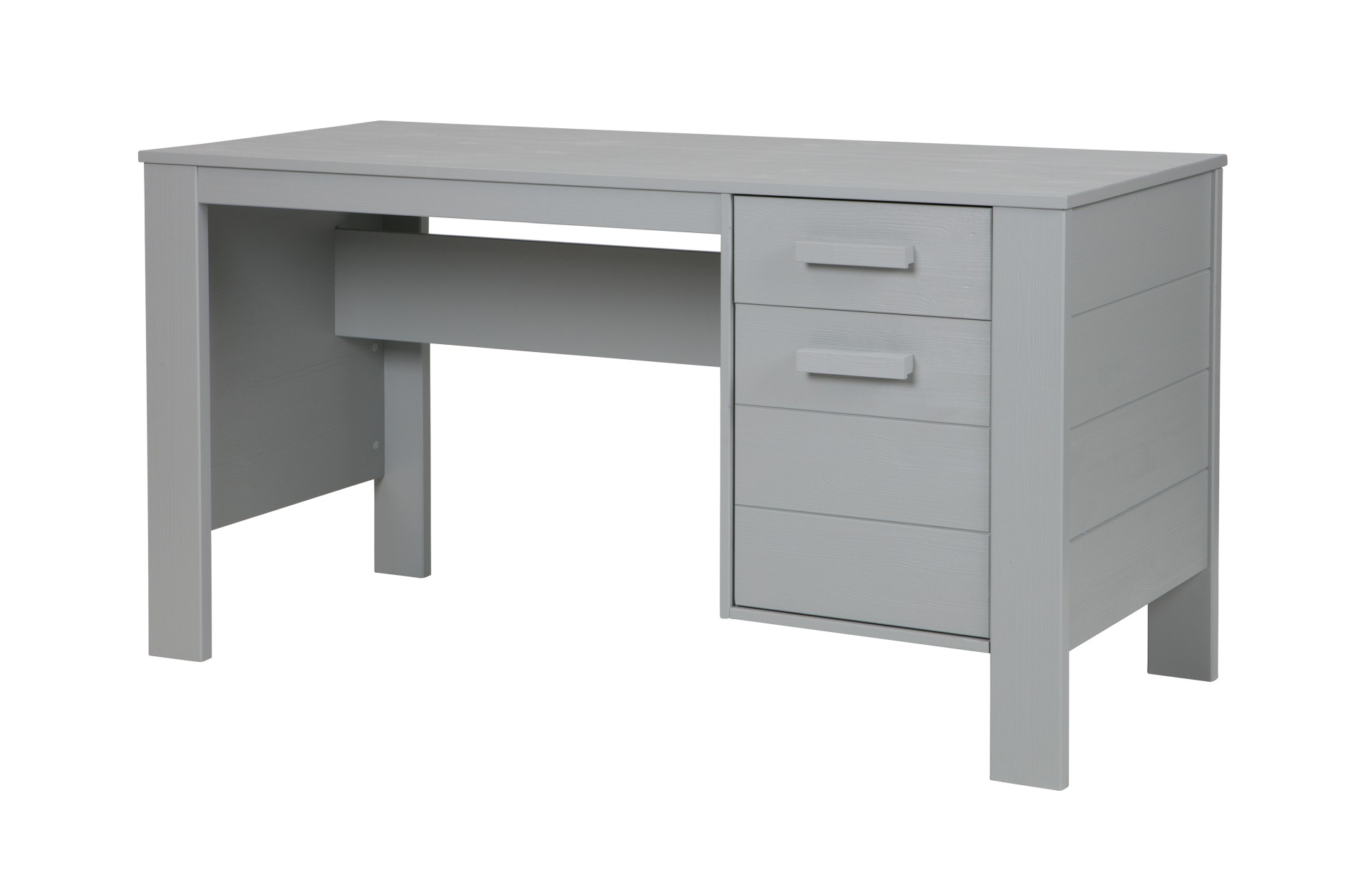 Der Schreibtisch Dennis wurde aus Kiefernholz gefertigt und besitzt einen hellgrauen Farbton. Der Tisch verfügt über eine Schublade und eine Tür für Stauraum.