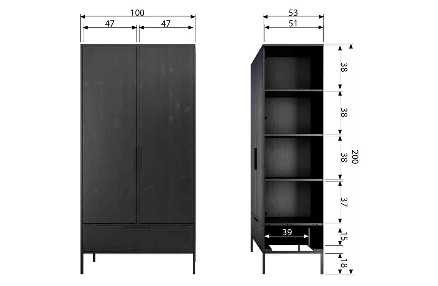 Garderobenschrank Adam Türen / Schublade, Schwarz