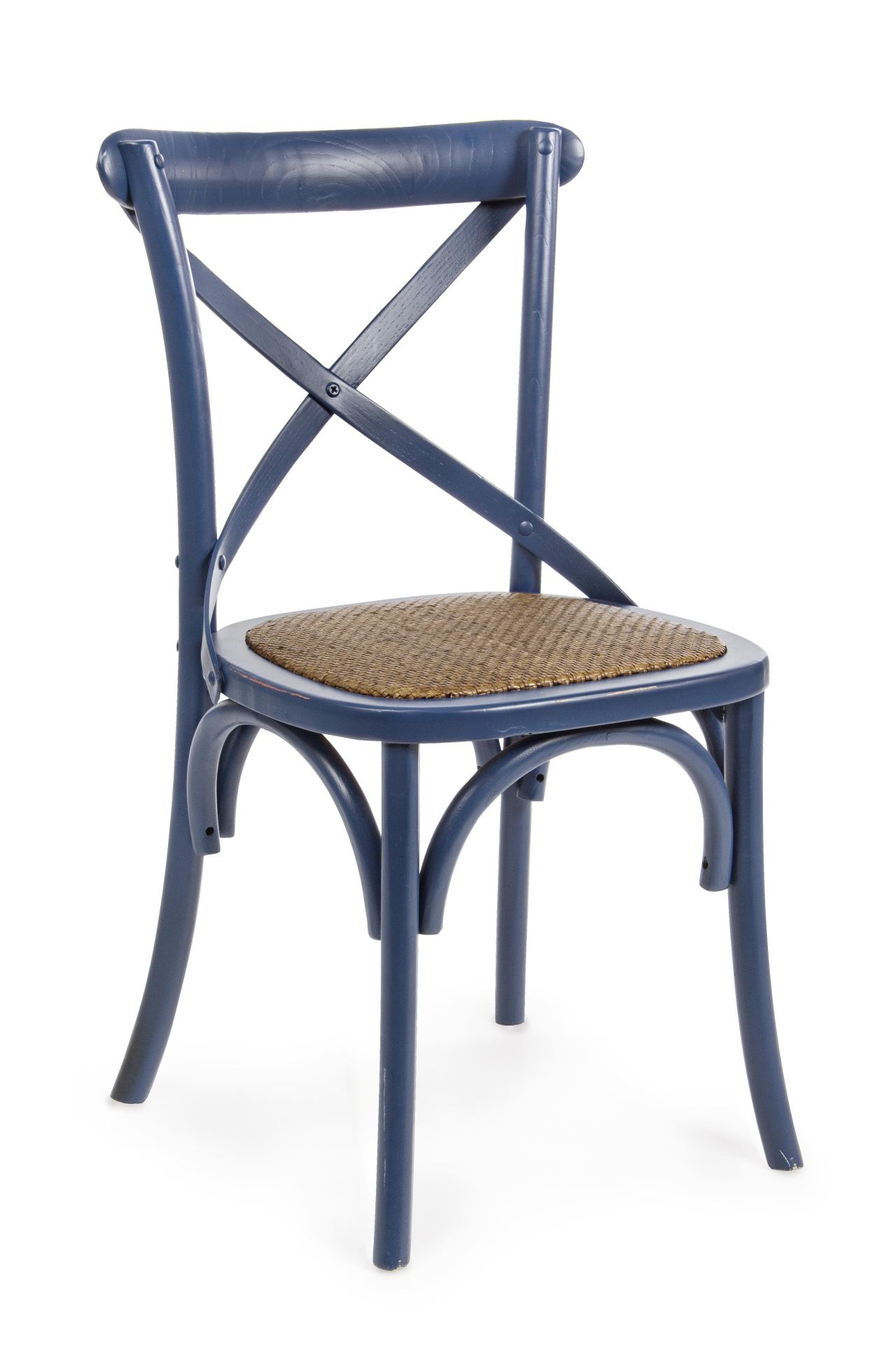 Der Stuhl Cross überzeugt mit seinem klassischen Design. Gefertigt wurde der Stuhl aus Ulmenholz, welches einen blauen Farbton besitzt. Die Sitz- und Rückenfläche ist aus Rattan gefertigt. Die Sitzhöhe beträgt 46 cm.