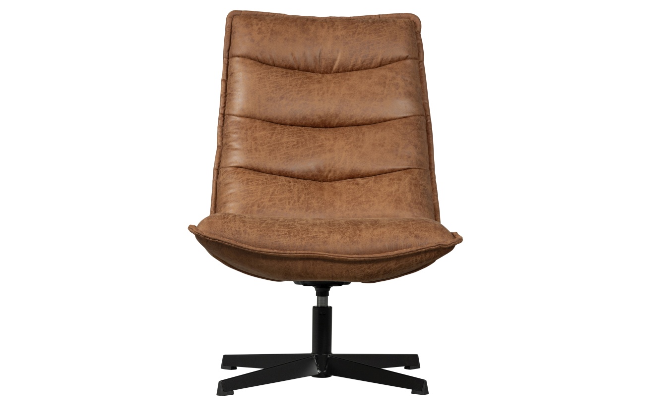 Der Sessel Nika überzeugt mit seinem modernen Stil. Gefertigt wurde er aus Kunstleder, welches einen Cognac Farbton besitzt. Das Gestell ist aus Metall und hat eine schwarze Farbe. Der Sessel verfügt über eine Sitzhöhe von 43 cm und ist drehbar.